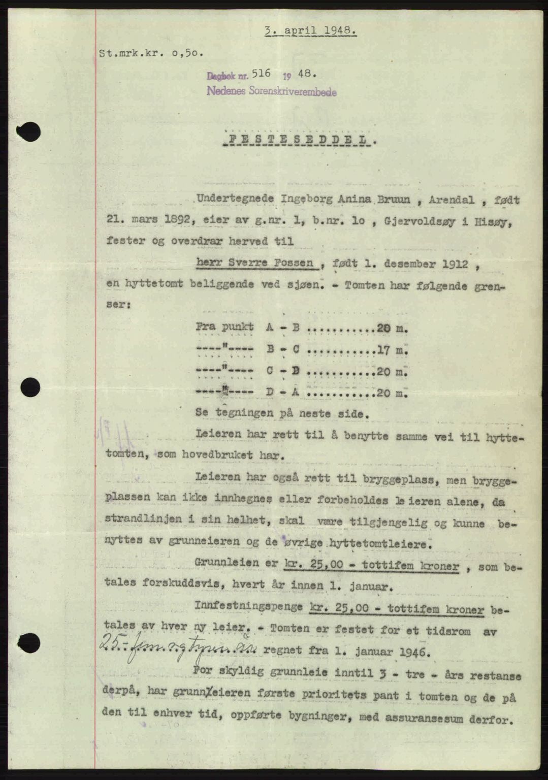 Nedenes sorenskriveri, SAK/1221-0006/G/Gb/Gba/L0059: Mortgage book no. A11, 1948-1948, Diary no: : 516/1948