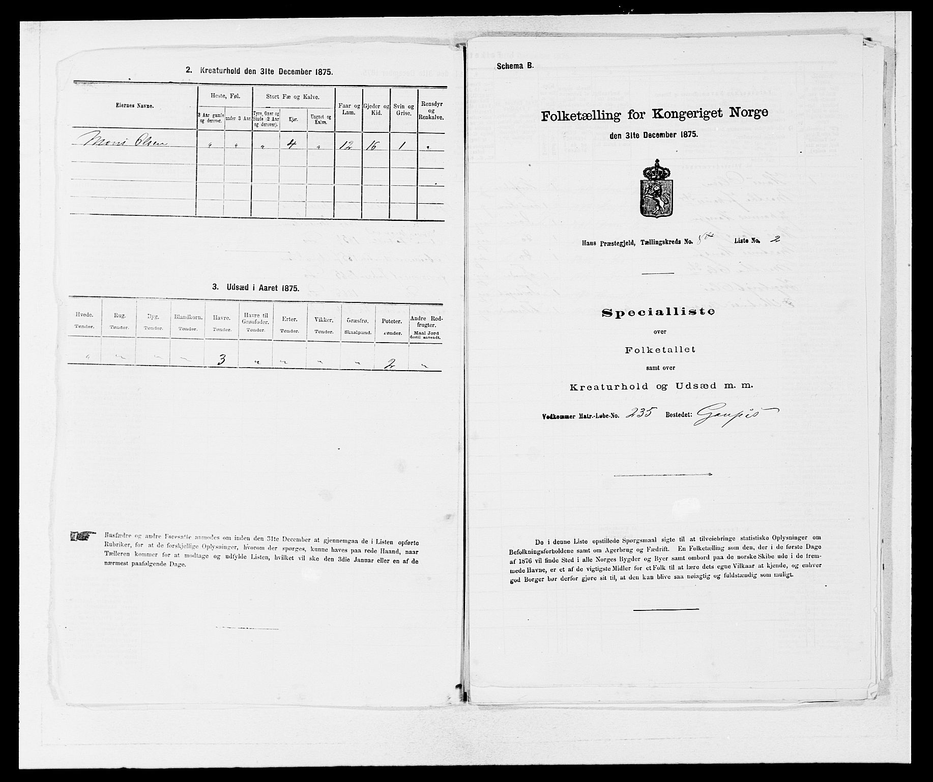 SAB, 1875 census for 1250P Haus, 1875, p. 866