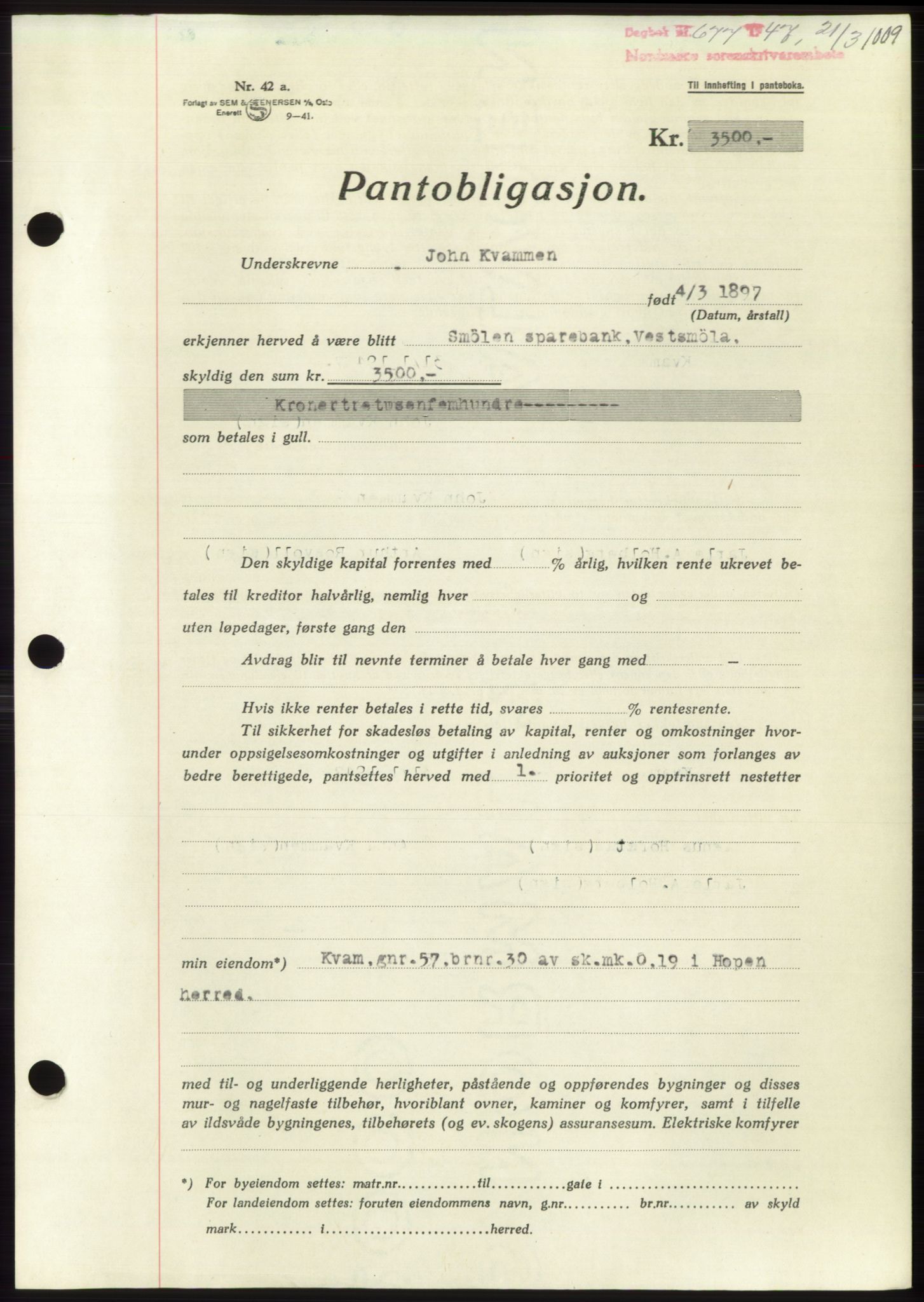 Nordmøre sorenskriveri, AV/SAT-A-4132/1/2/2Ca: Mortgage book no. B95, 1946-1947, Diary no: : 677/1947