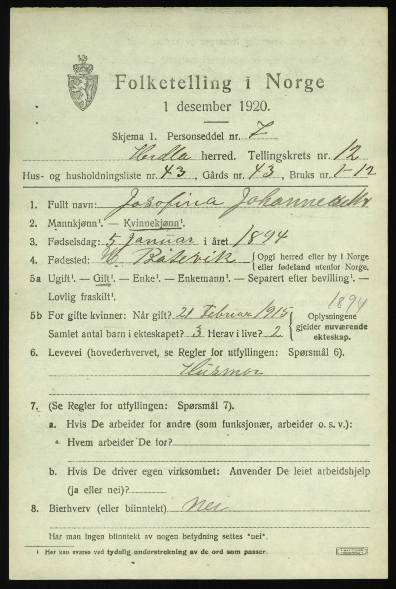 SAB, 1920 census for Herdla, 1920, p. 8949