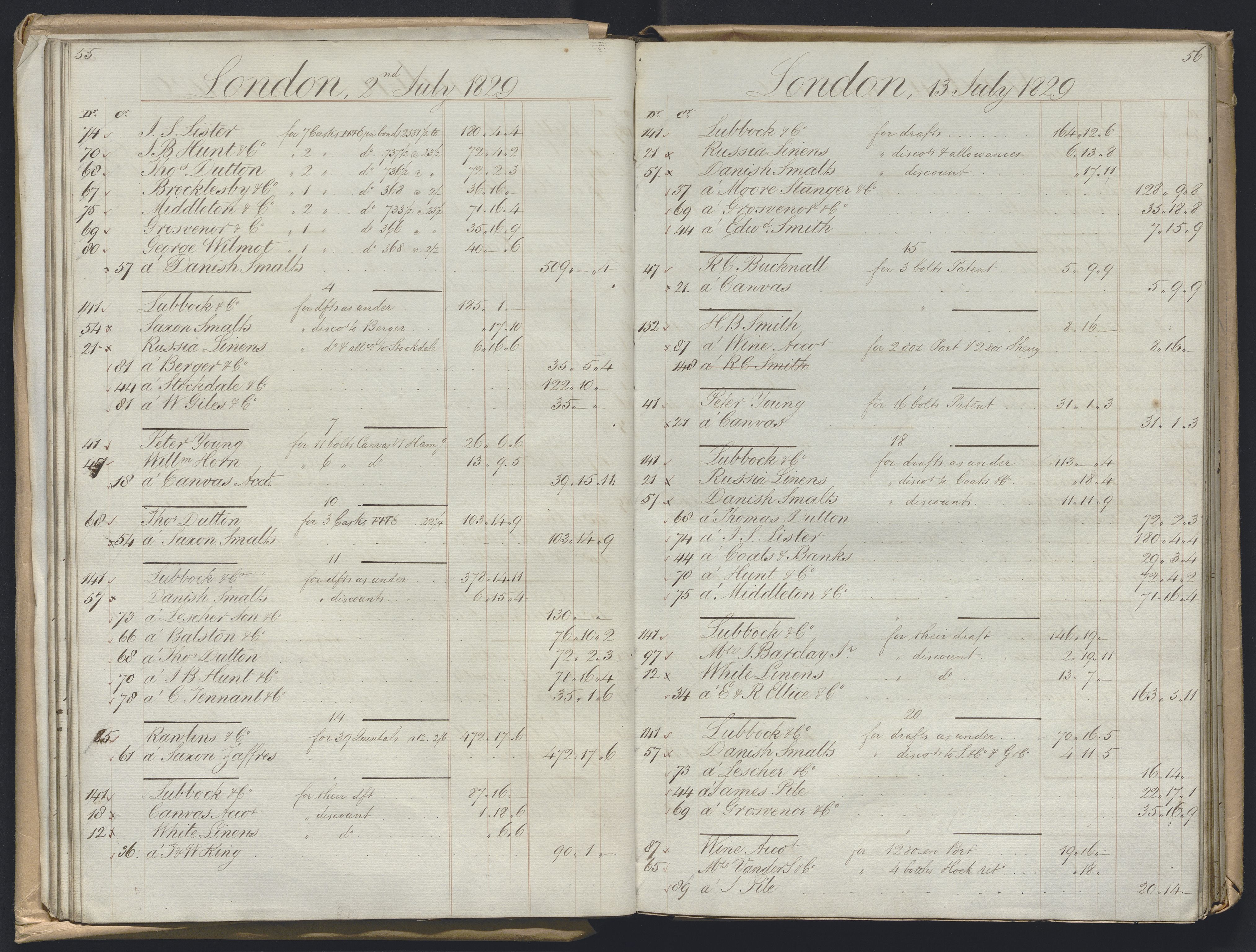 Smith, Goodhall & Reeves, AV/RA-PA-0586/R/L0001: Dagbok (Daybook) A, 1829-1831, p. 55-56