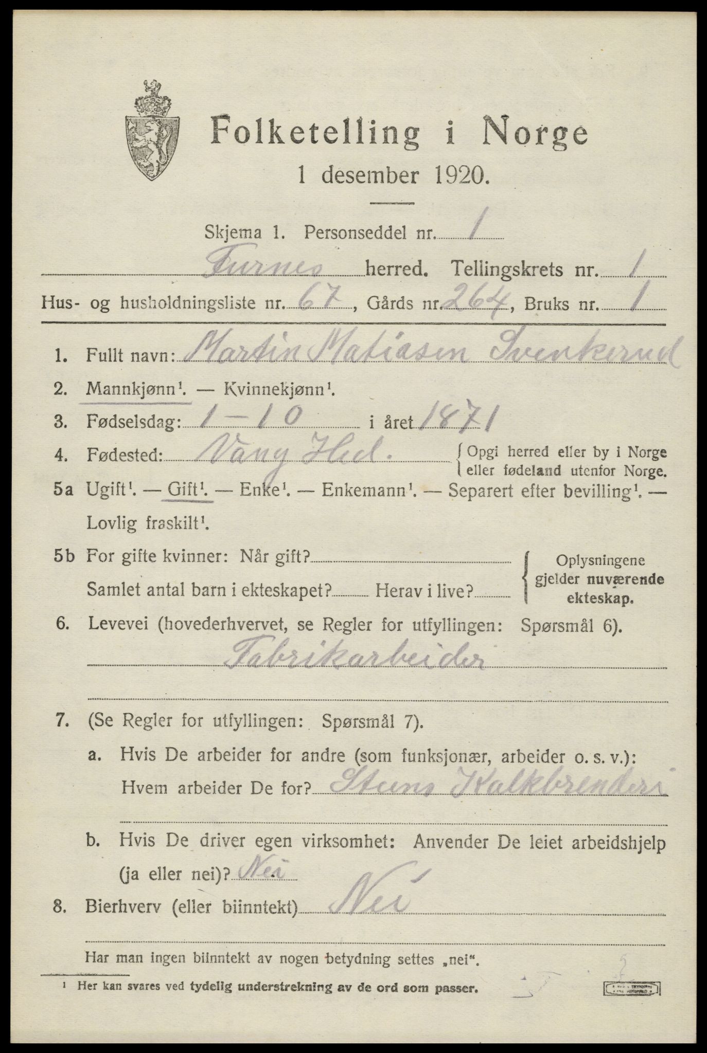 SAH, 1920 census for Furnes, 1920, p. 2423