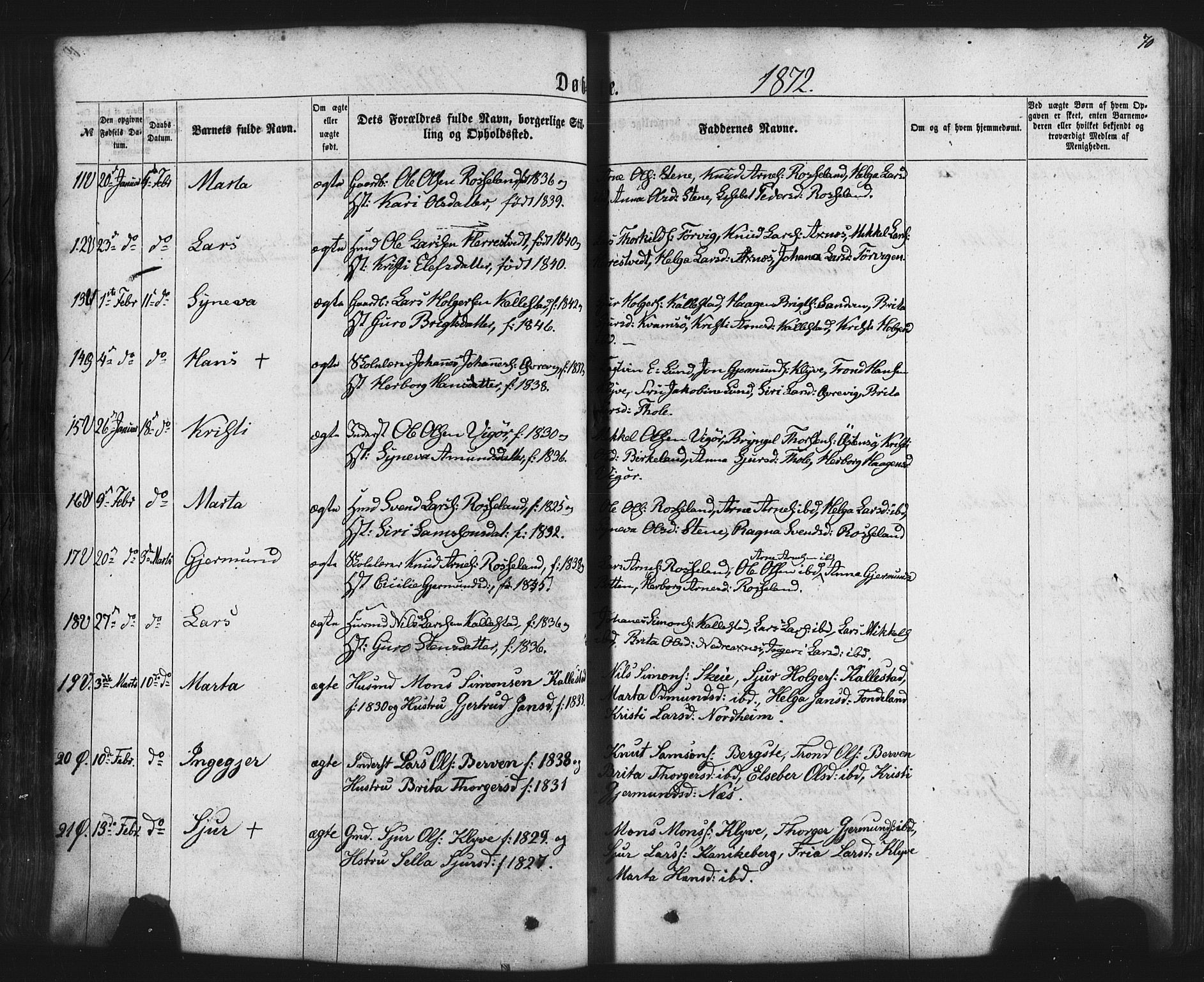 Kvam sokneprestembete, SAB/A-76201/H/Haa: Parish register (official) no. A 9, 1864-1879, p. 70