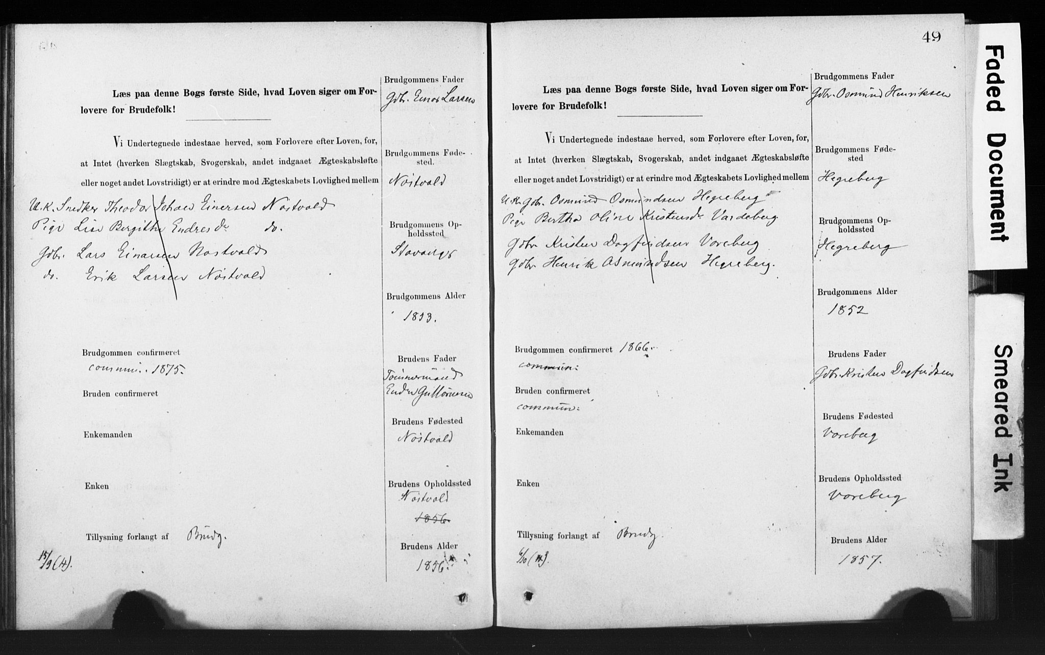 Rennesøy sokneprestkontor, AV/SAST-A -101827/I/Ie/L0001: Banns register no. 1, 1873-1898, p. 49