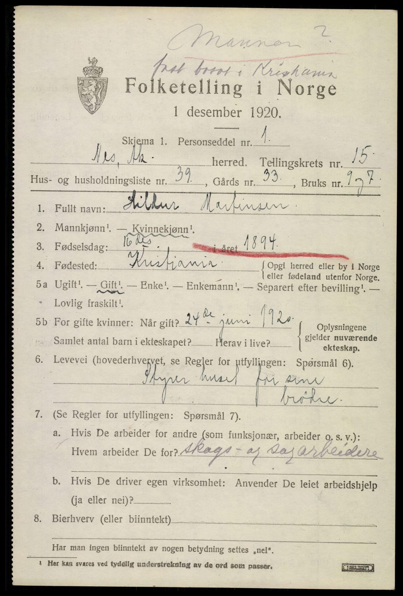 SAO, 1920 census for Nes, 1920, p. 15188