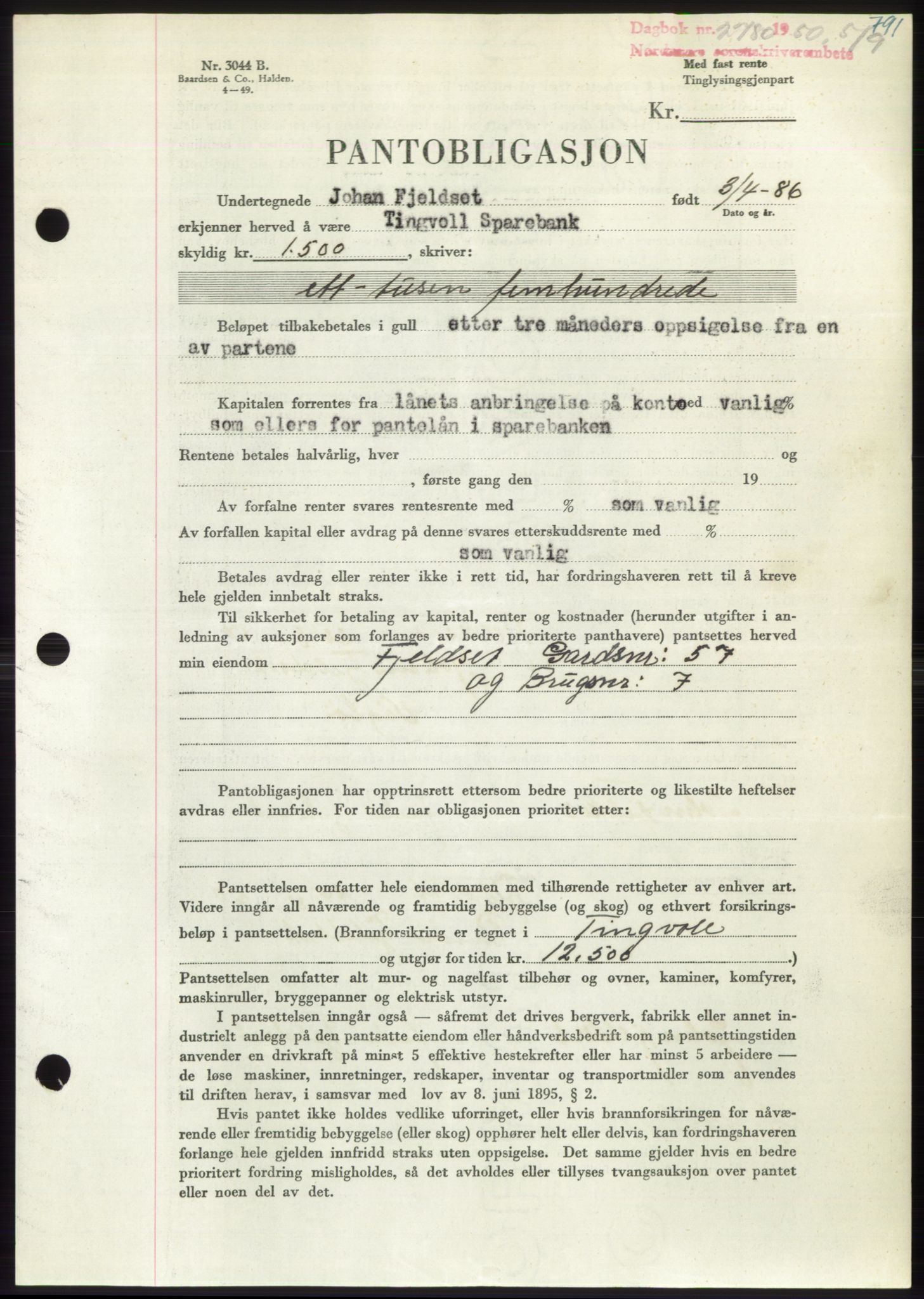 Nordmøre sorenskriveri, AV/SAT-A-4132/1/2/2Ca: Mortgage book no. B105, 1950-1950, Diary no: : 2780/1950