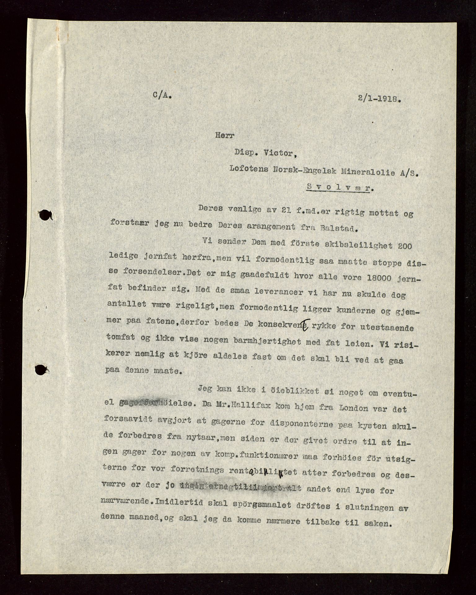 Pa 1521 - A/S Norske Shell, SAST/A-101915/E/Ea/Eaa/L0004: Sjefskorrespondanse, 1918, p. 187