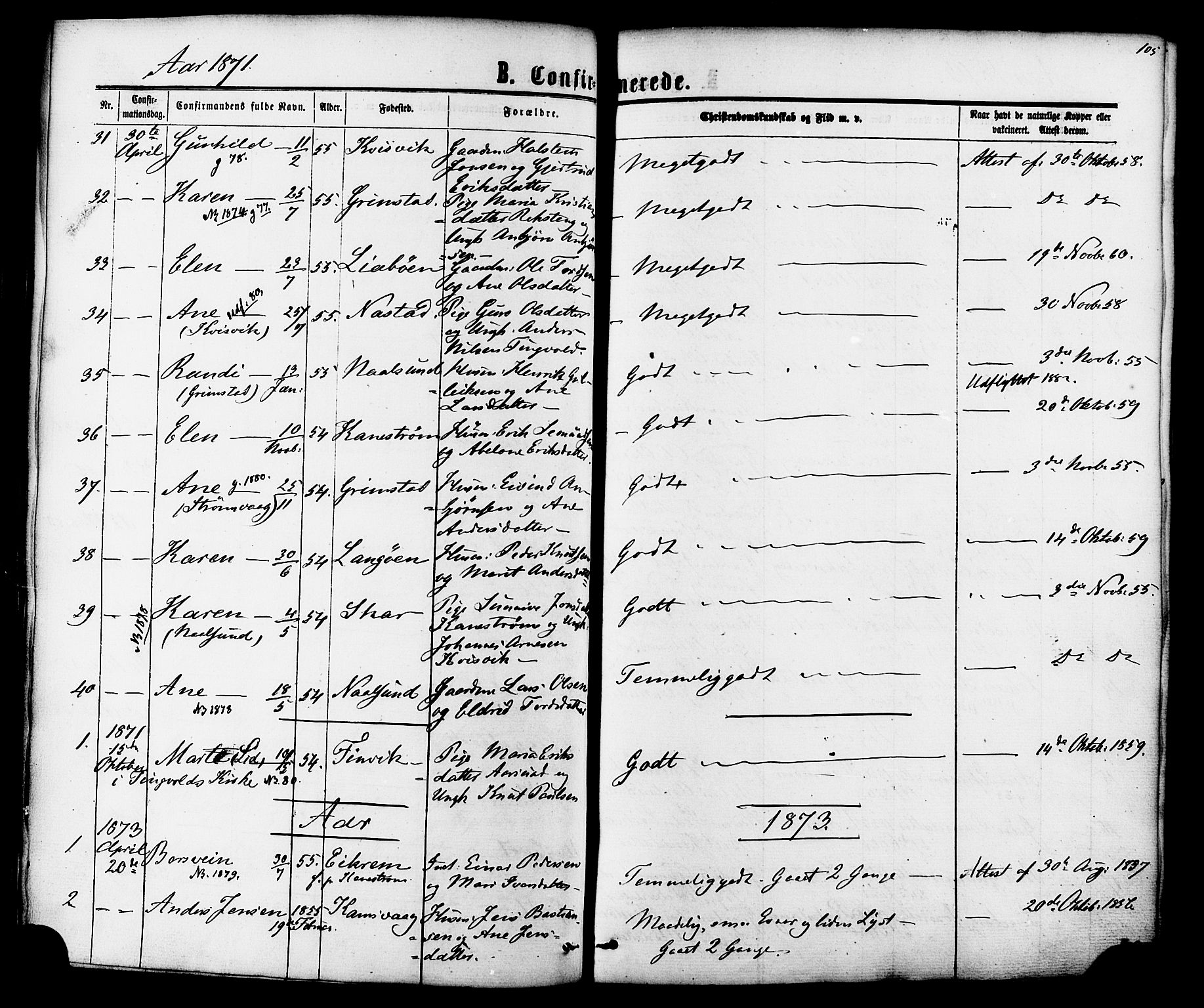 Ministerialprotokoller, klokkerbøker og fødselsregistre - Møre og Romsdal, AV/SAT-A-1454/587/L0999: Parish register (official) no. 587A01, 1864-1886, p. 105