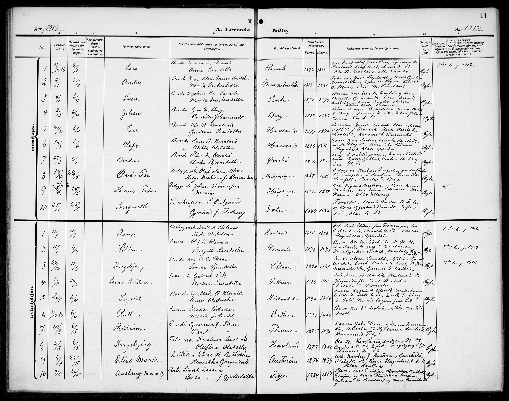 Lavik sokneprestembete, SAB/A-80901: Parish register (copy) no. B 4, 1914-1937, p. 11
