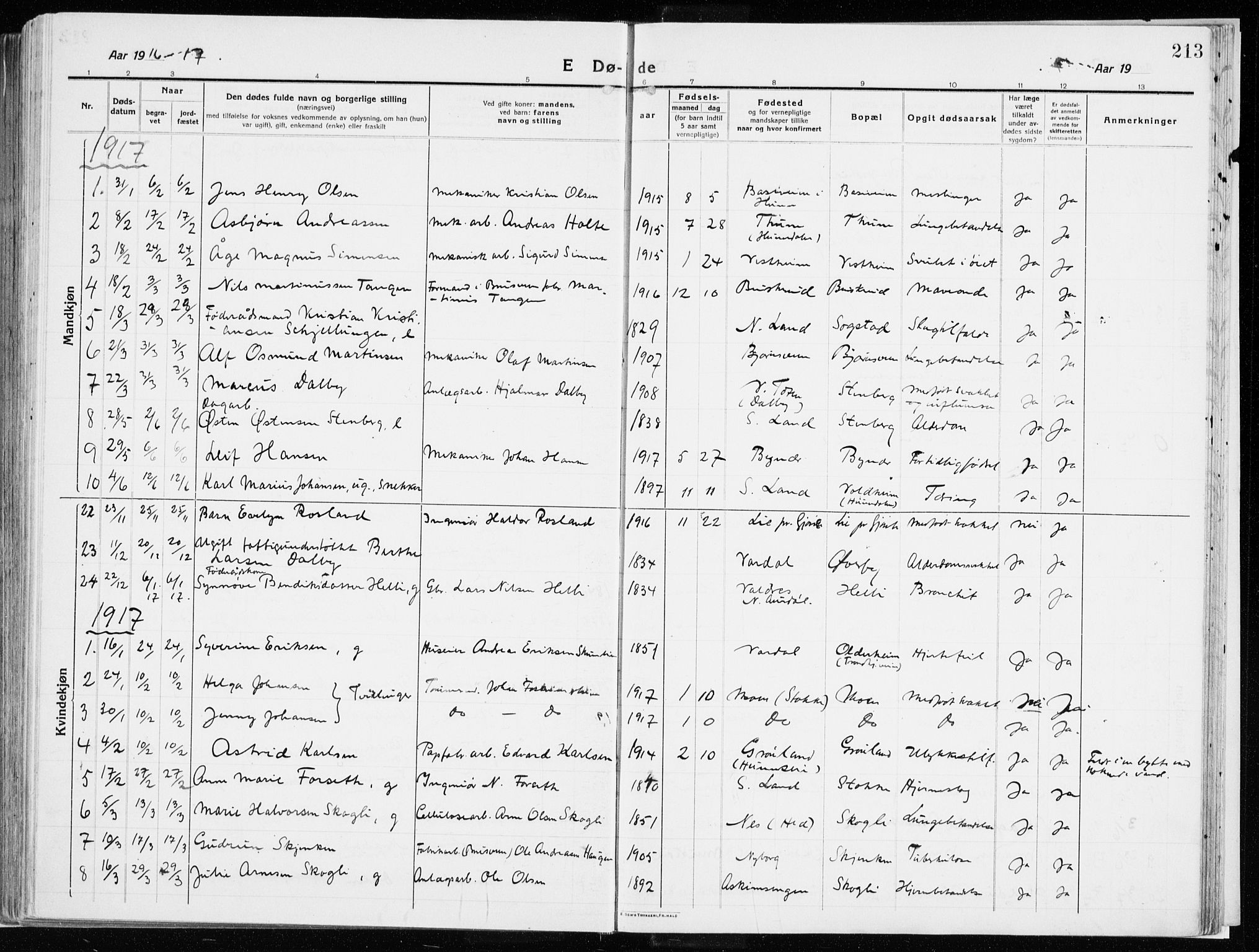 Vardal prestekontor, SAH/PREST-100/H/Ha/Haa/L0017: Parish register (official) no. 17, 1915-1929, p. 213