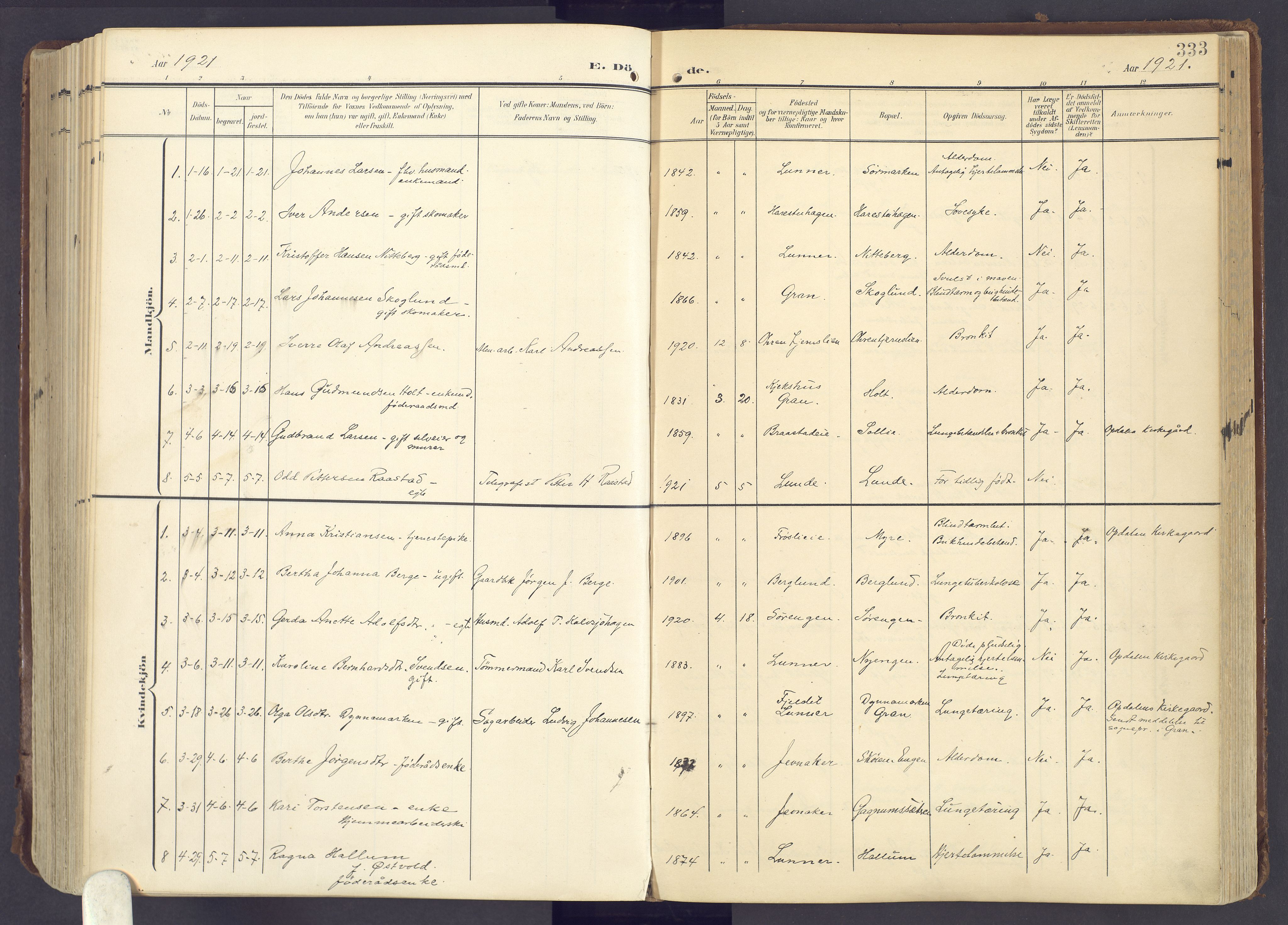Lunner prestekontor, SAH/PREST-118/H/Ha/Haa/L0001: Parish register (official) no. 1, 1907-1922, p. 333