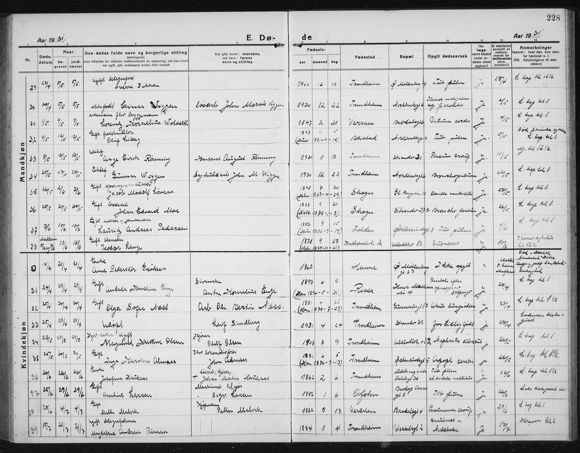 Ministerialprotokoller, klokkerbøker og fødselsregistre - Sør-Trøndelag, AV/SAT-A-1456/605/L0260: Parish register (copy) no. 605C07, 1922-1942, p. 228