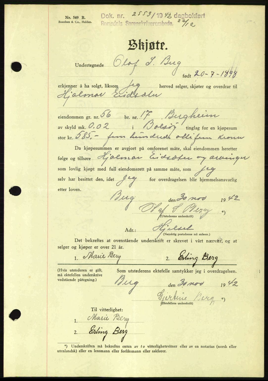 Romsdal sorenskriveri, AV/SAT-A-4149/1/2/2C: Mortgage book no. A13, 1942-1943, Diary no: : 2553/1942