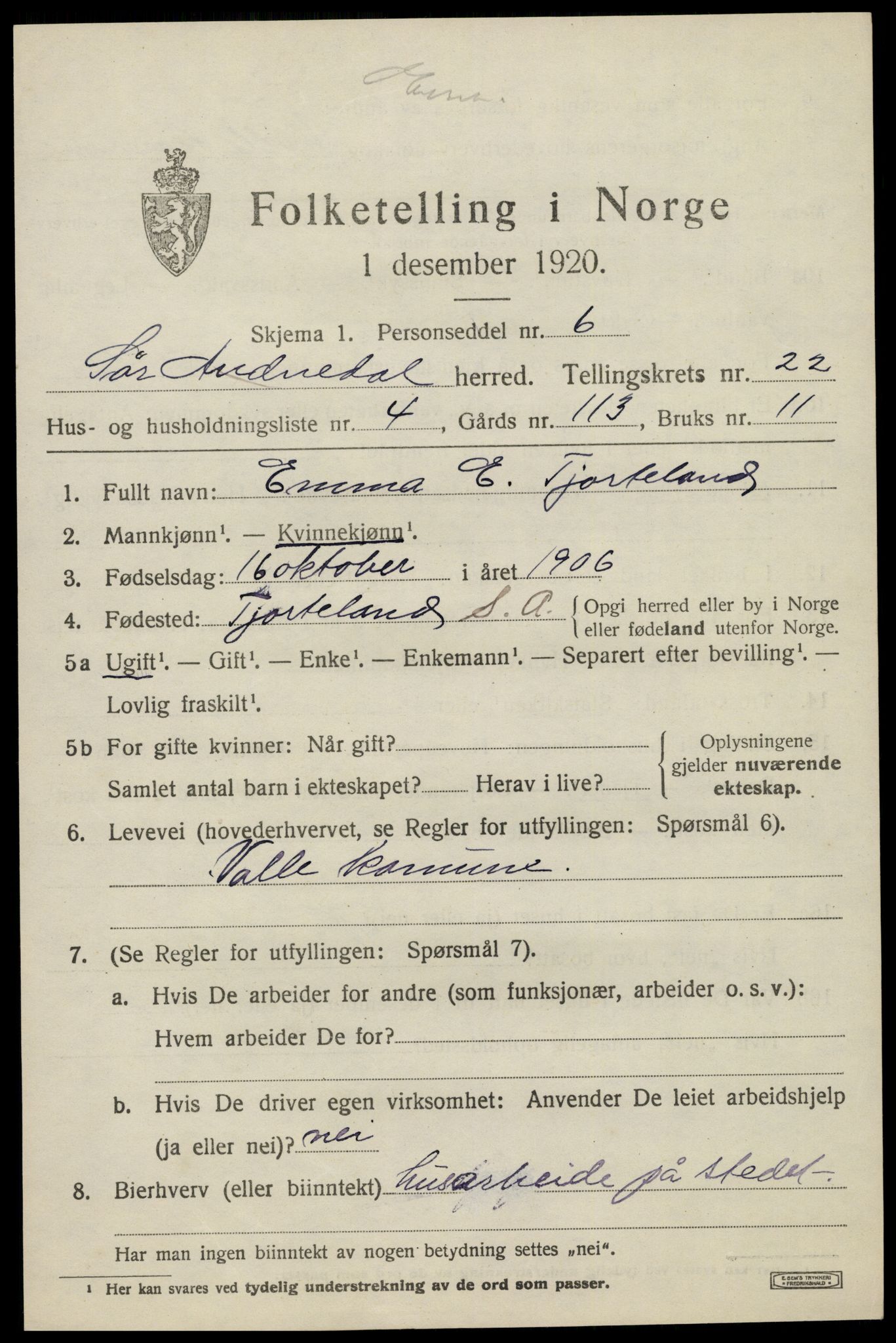 SAK, 1920 census for Sør-Audnedal, 1920, p. 7139