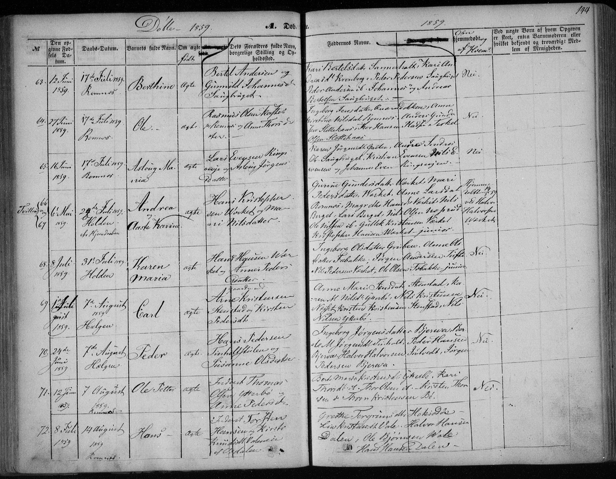 Holla kirkebøker, SAKO/A-272/F/Fa/L0005: Parish register (official) no. 5, 1849-1860, p. 144