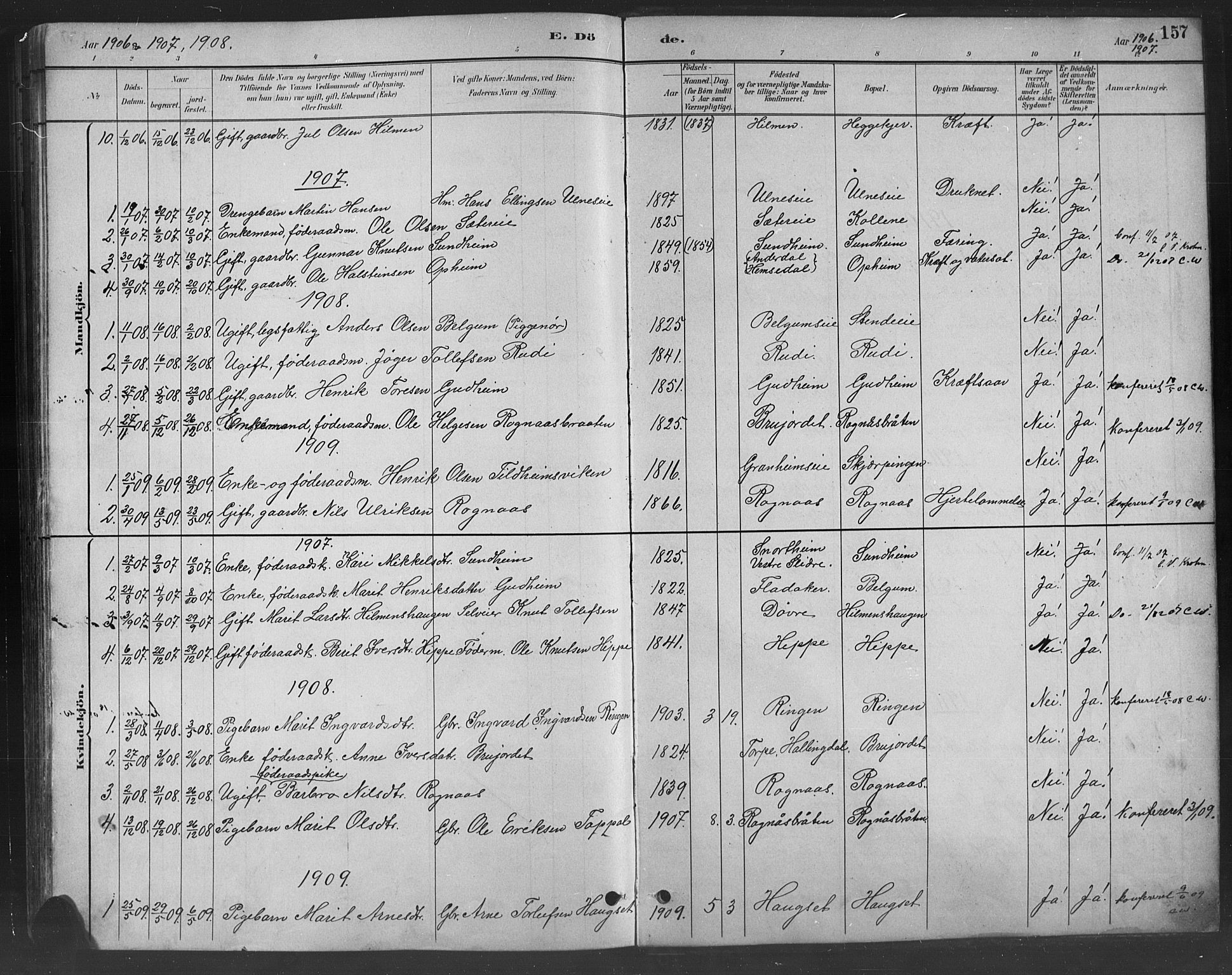 Nord-Aurdal prestekontor, SAH/PREST-132/H/Ha/Hab/L0008: Parish register (copy) no. 8, 1883-1916, p. 157