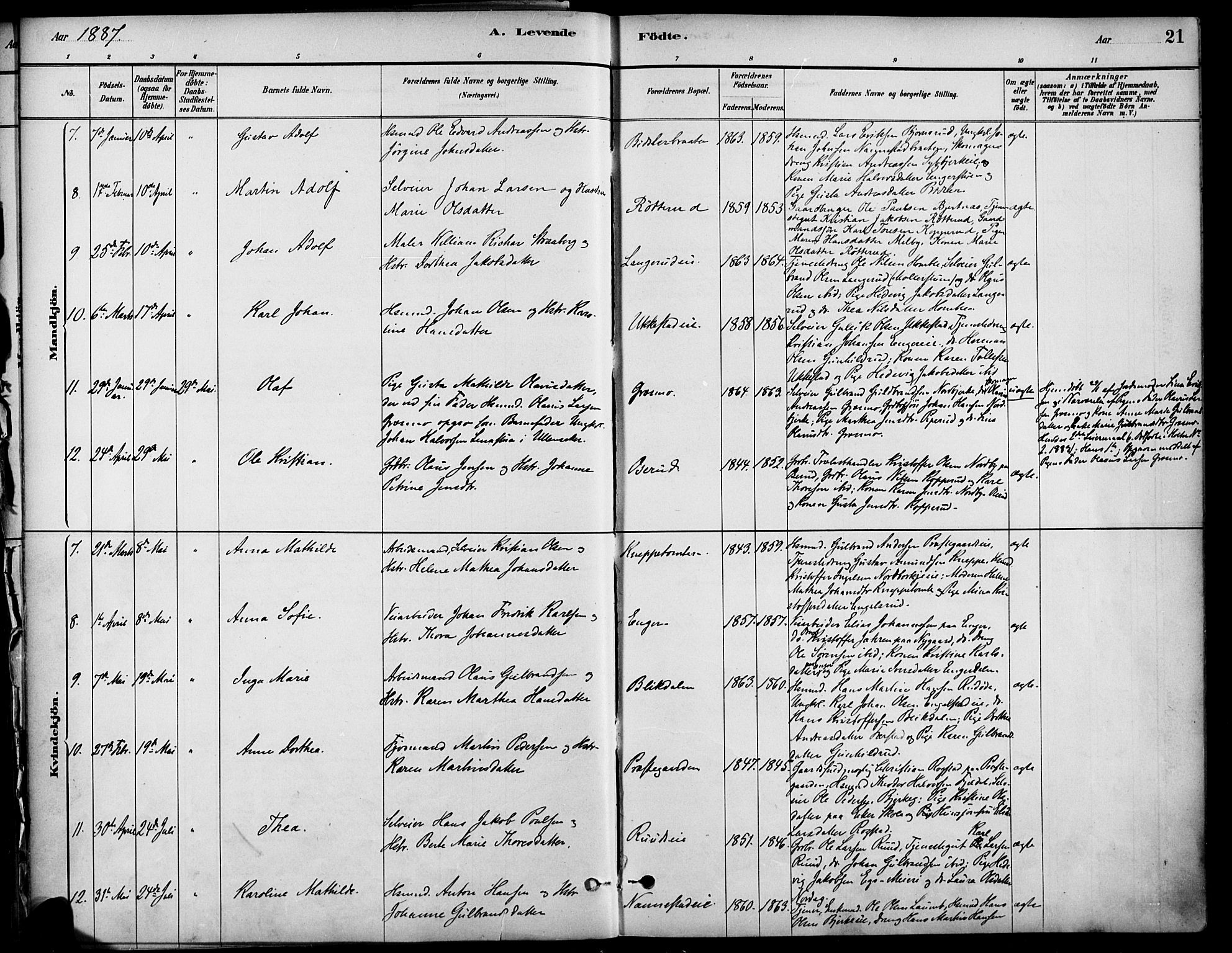 Nannestad prestekontor Kirkebøker, AV/SAO-A-10414a/F/Fa/L0014: Parish register (official) no. I 14, 1881-1890, p. 21