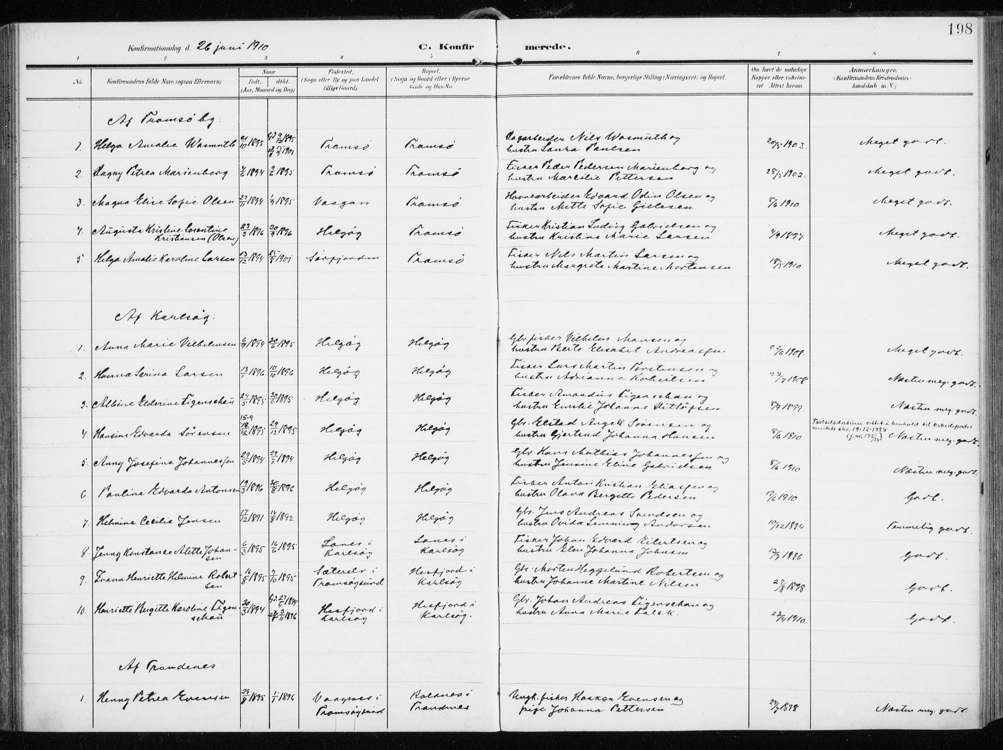 Tromsøysund sokneprestkontor, AV/SATØ-S-1304/G/Ga/L0007kirke: Parish register (official) no. 7, 1907-1914, p. 198