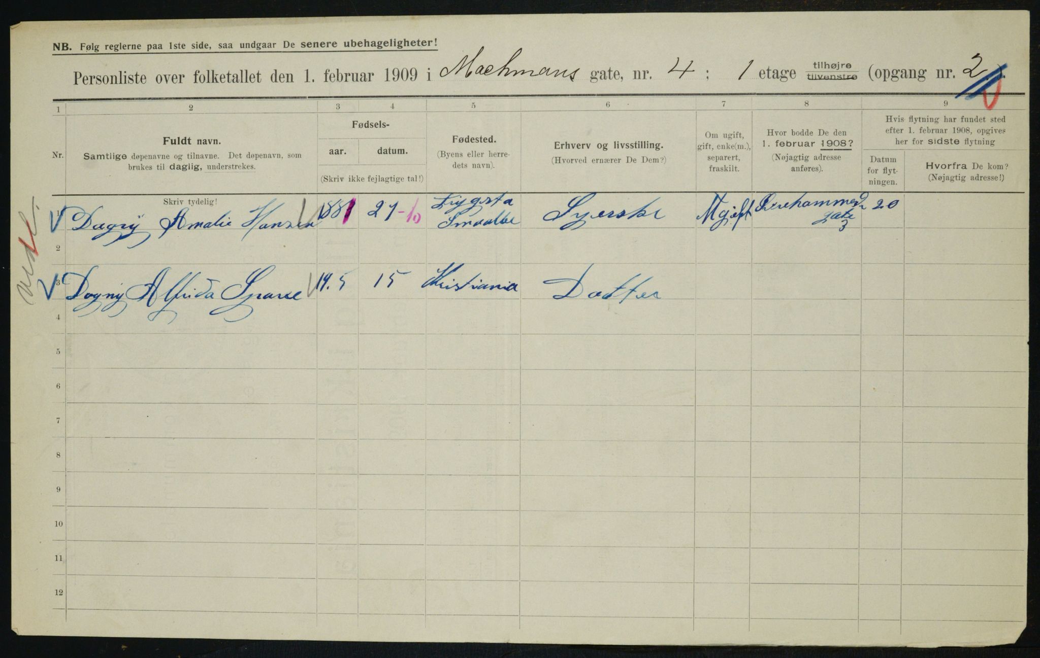 OBA, Municipal Census 1909 for Kristiania, 1909, p. 58839