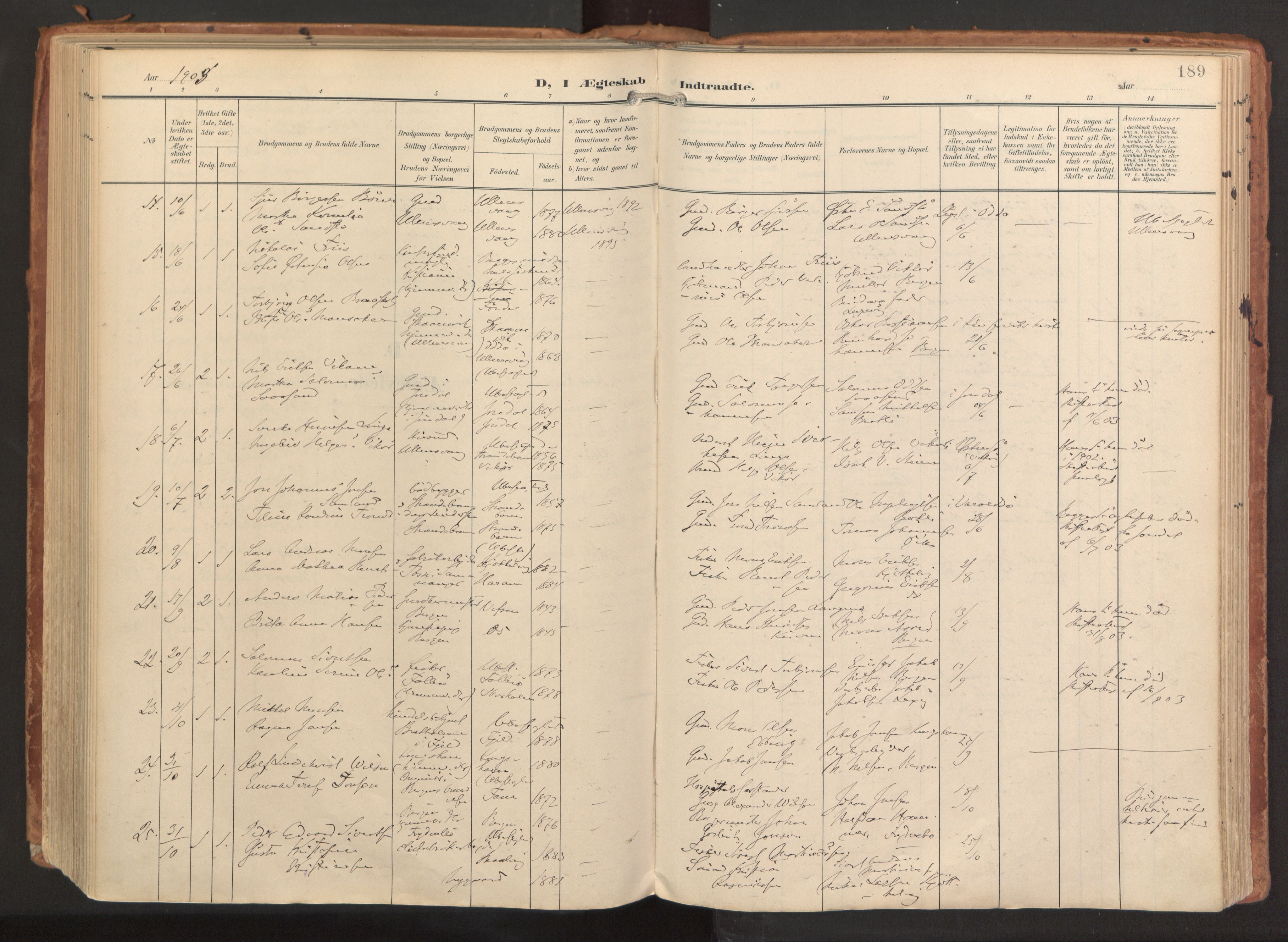 Laksevåg Sokneprestembete, SAB/A-76501/H/Ha/Haa/Haaa/L0001: Parish register (official) no. A 1, 1903-1917, p. 189