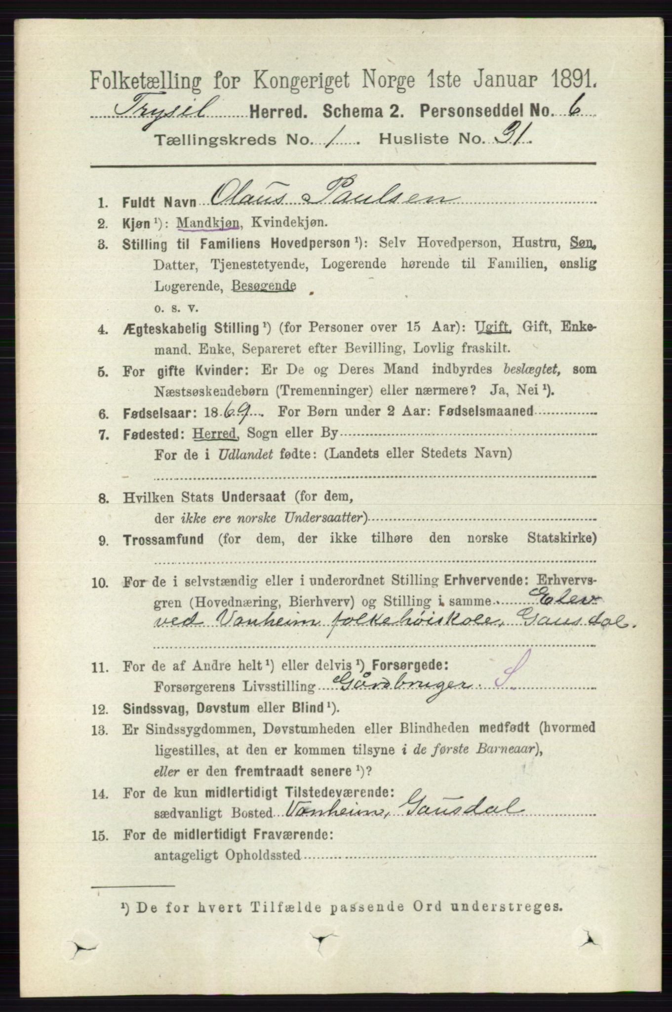 RA, 1891 census for 0428 Trysil, 1891, p. 326