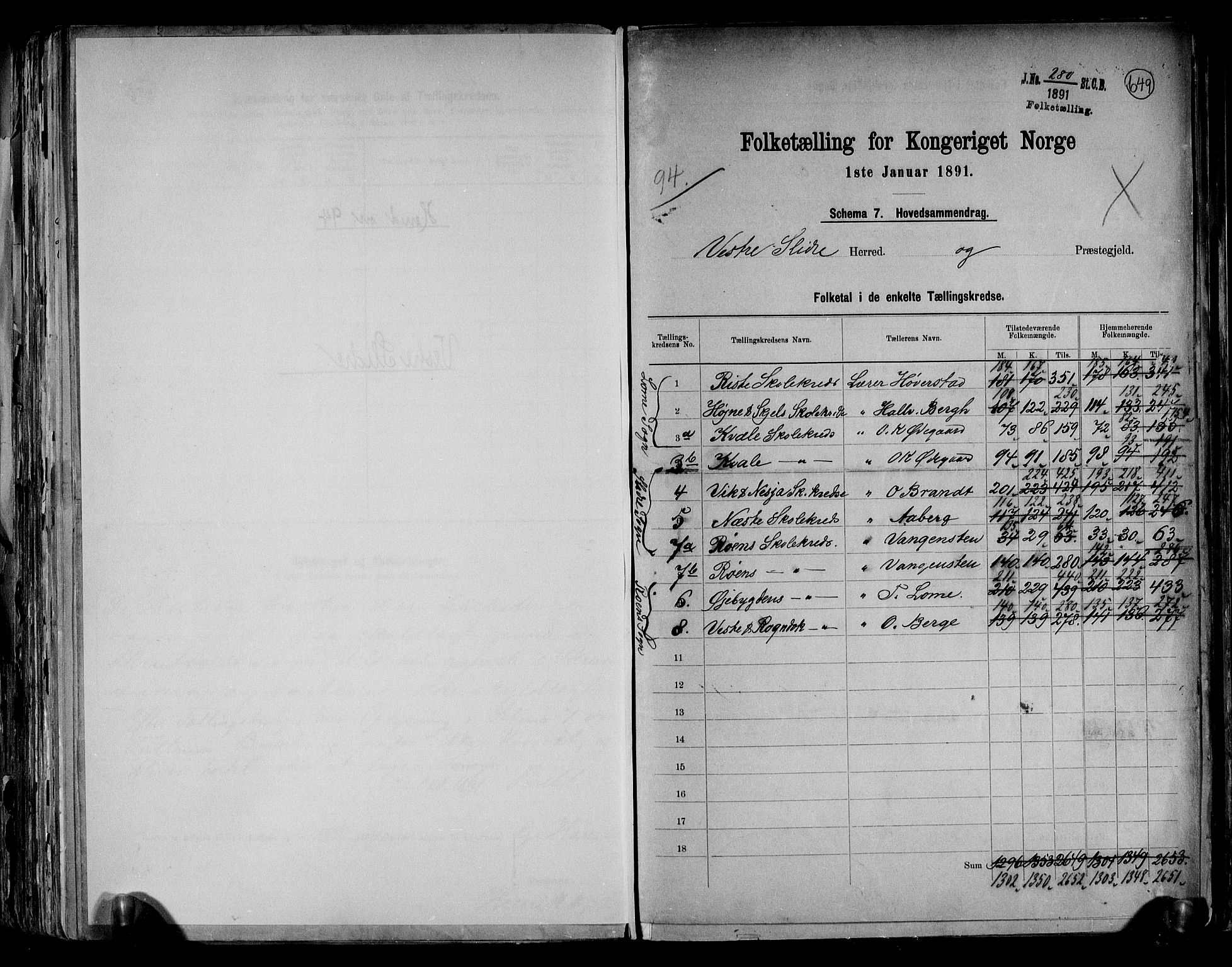 RA, 1891 census for 0543 Vestre Slidre, 1891, p. 2
