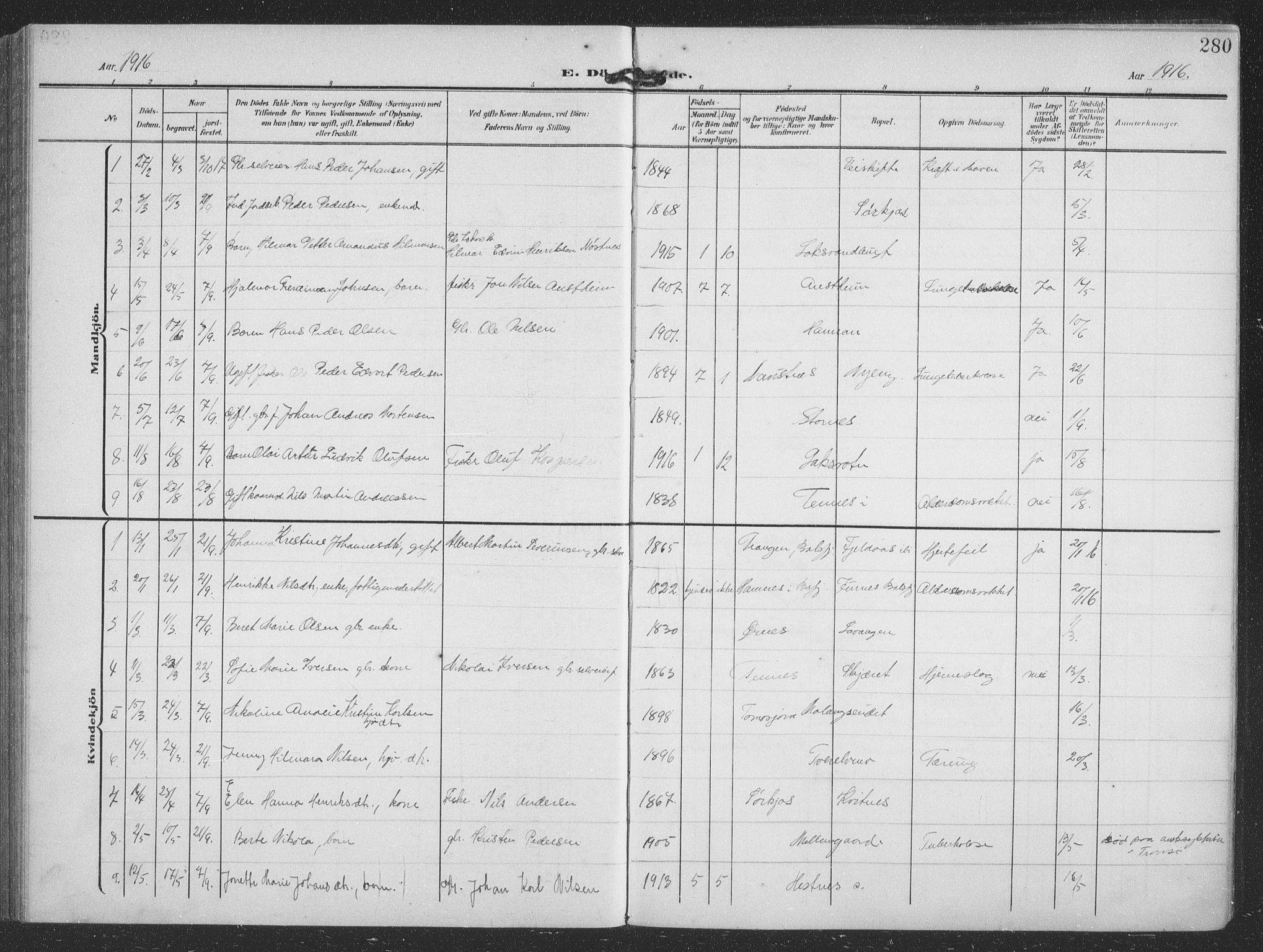 Balsfjord sokneprestembete, AV/SATØ-S-1303/G/Ga/L0009klokker: Parish register (copy) no. 9, 1906-1920, p. 280