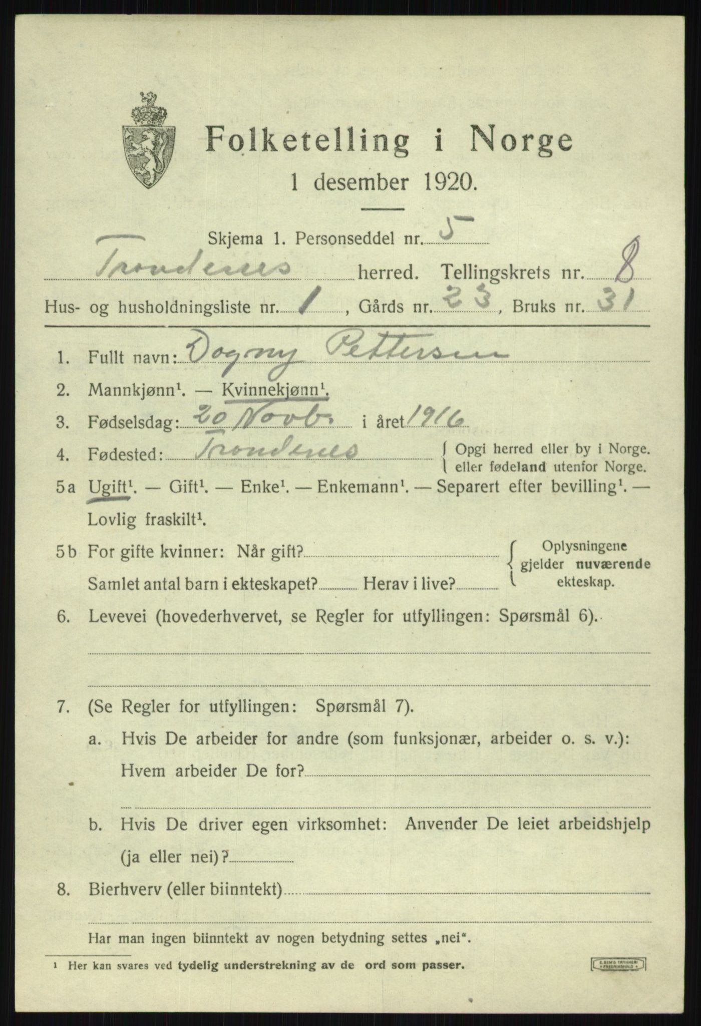 SATØ, 1920 census for Trondenes, 1920, p. 6915