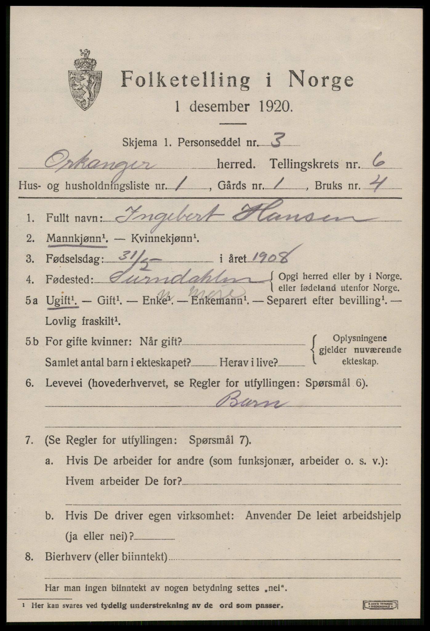 SAT, 1920 census for Orkanger, 1920, p. 3123