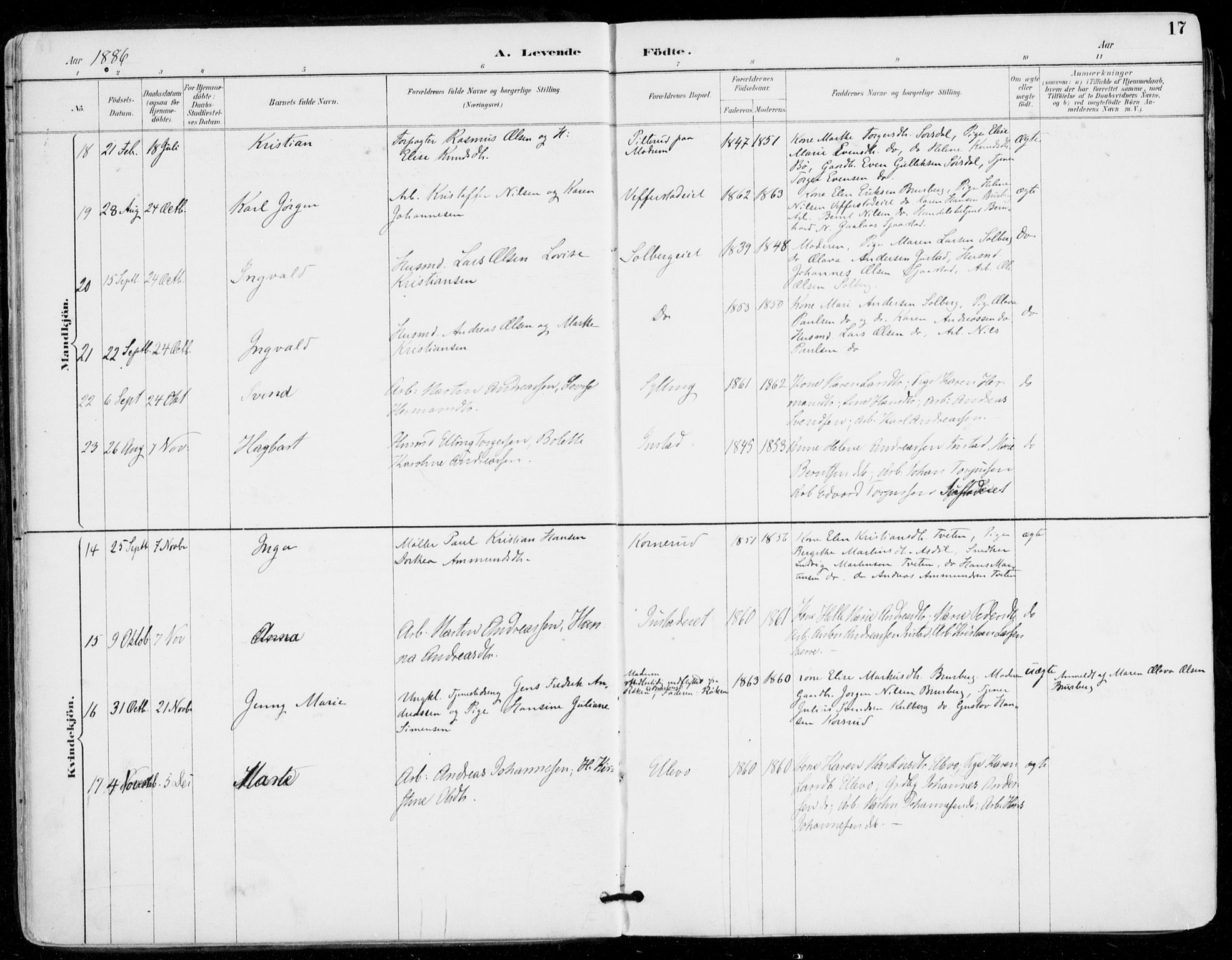 Sylling kirkebøker, AV/SAKO-A-247/F/Fa/L0001: Parish register (official) no. 1, 1883-1910, p. 17