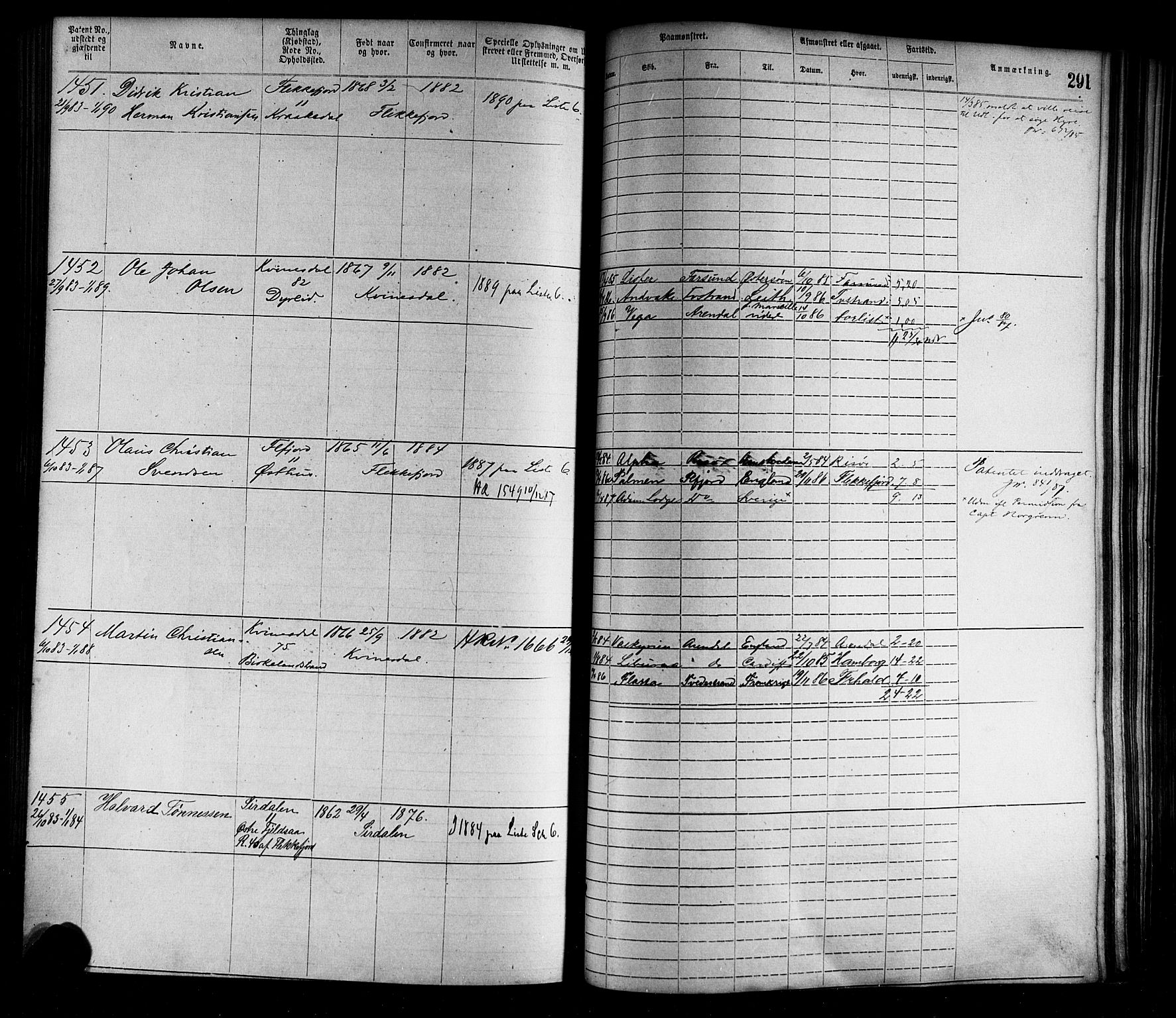 Flekkefjord mønstringskrets, SAK/2031-0018/F/Fa/L0002: Annotasjonsrulle nr 1-1920 med register, N-2, 1870-1891, p. 319