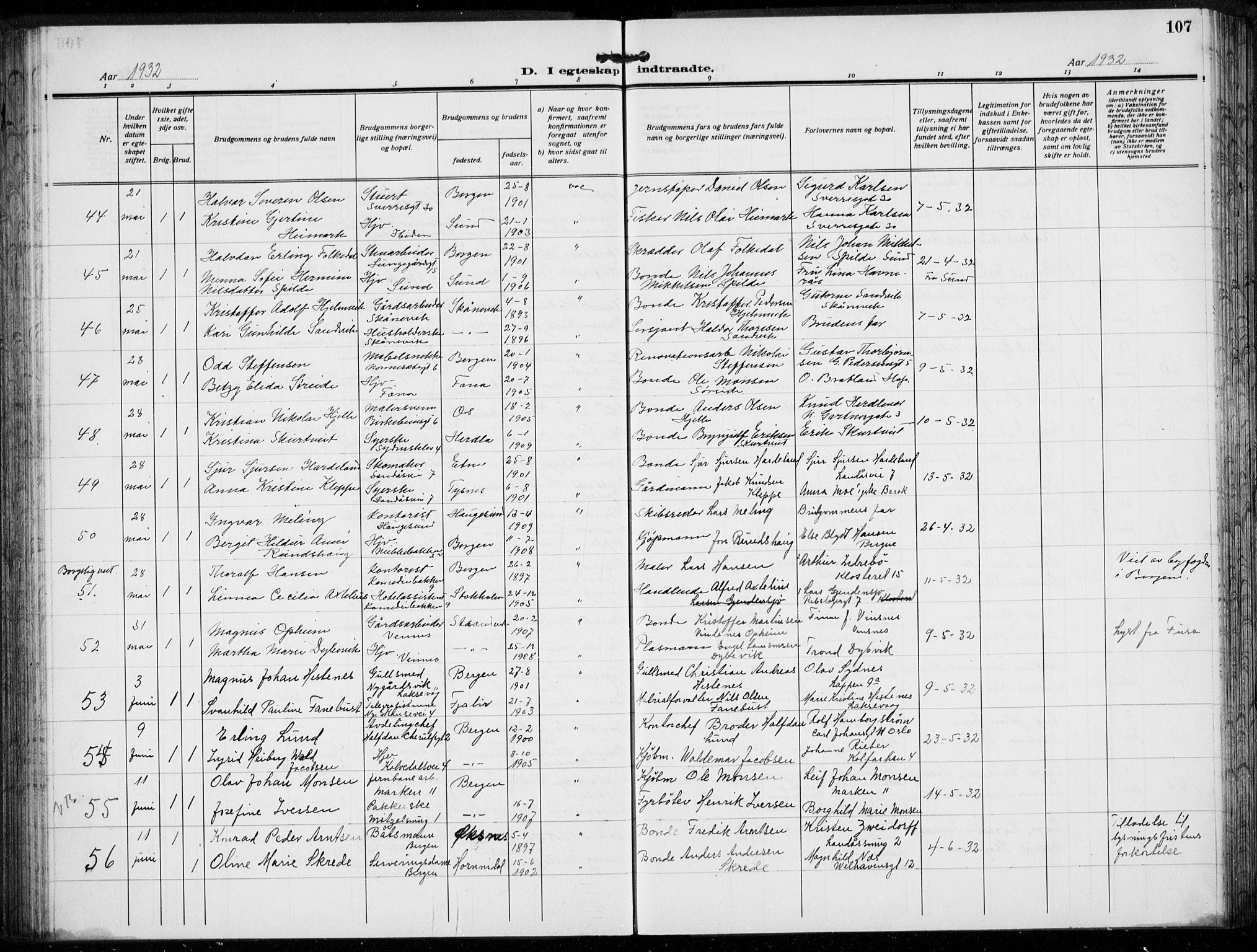 Domkirken sokneprestembete, AV/SAB-A-74801/H/Hab/L0034: Parish register (copy) no. D 6, 1924-1941, p. 107