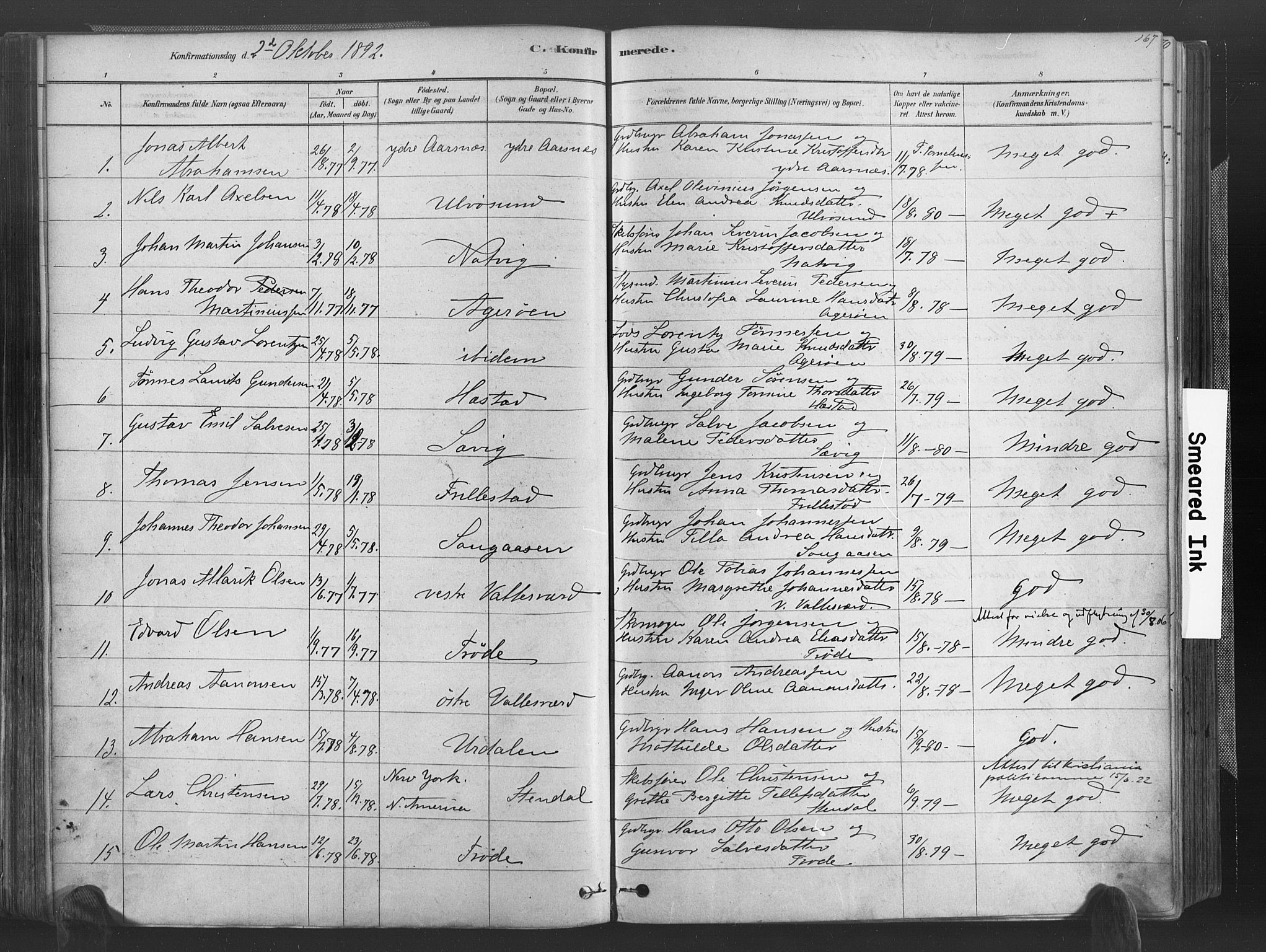 Høvåg sokneprestkontor, SAK/1111-0025/F/Fa/L0005: Parish register (official) no. A 5, 1878-1893, p. 167