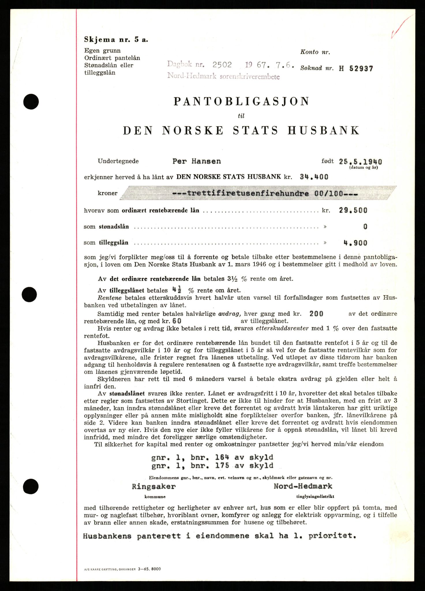 Nord-Hedmark sorenskriveri, SAH/TING-012/H/Hb/Hbf/L0071: Mortgage book no. B71, 1967-1967, Diary no: : 2502/1967