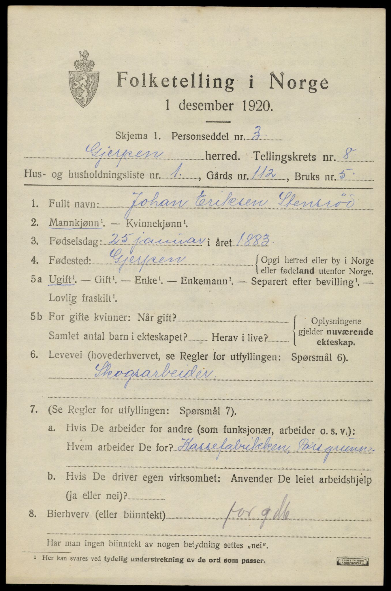 SAKO, 1920 census for Gjerpen, 1920, p. 9536