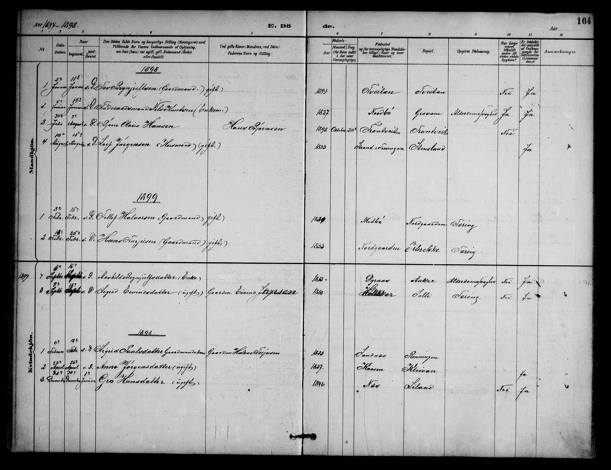 Nissedal kirkebøker, SAKO/A-288/G/Ga/L0003: Parish register (copy) no. I 3, 1887-1911, p. 164