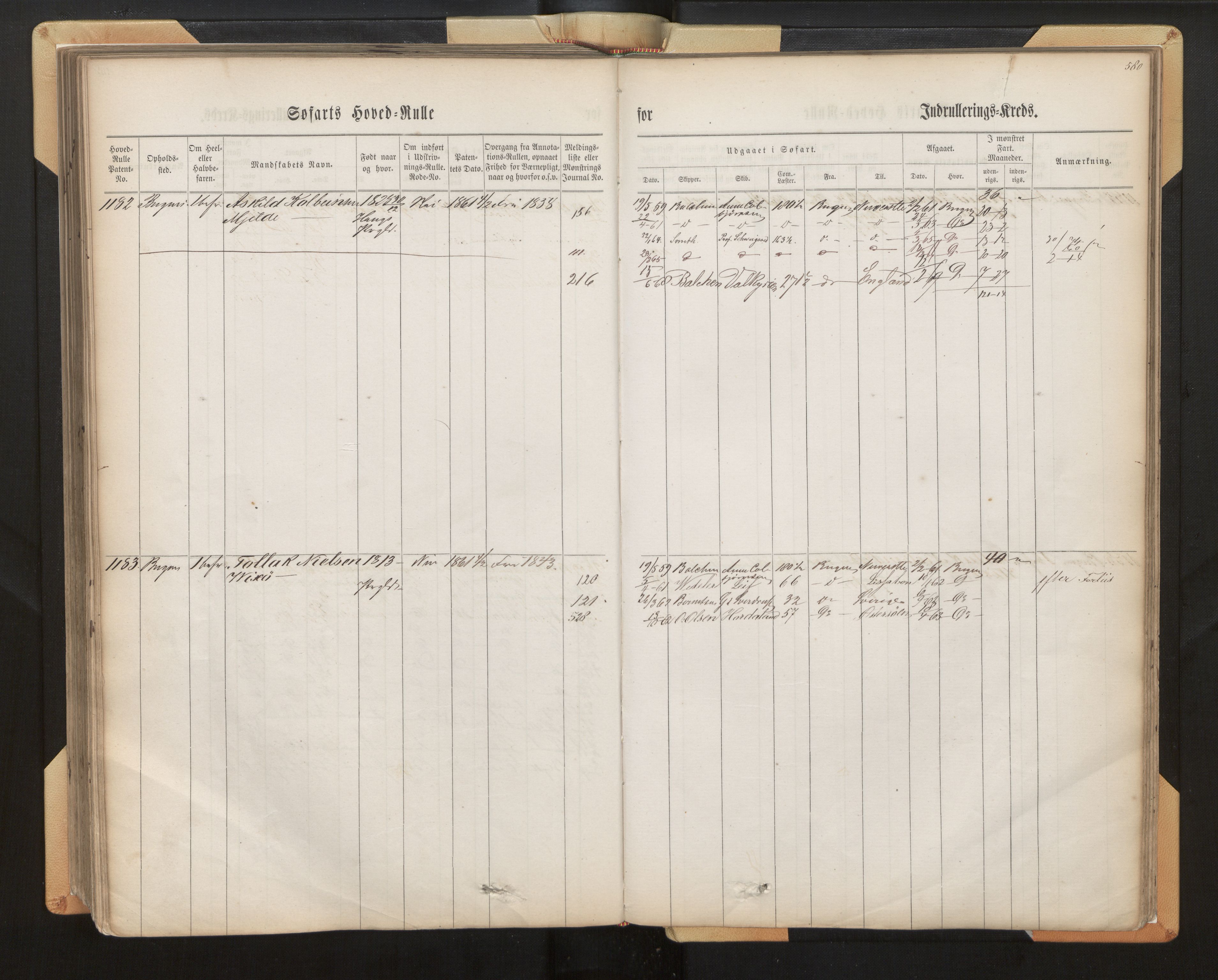 Innrulleringssjefen i Bergen, AV/SAB-A-100050/F/Fh/L0008: Sjøfarts-hovedrulle for Bergen krets, fol. 316 - 636, 1860-1865, p. 580