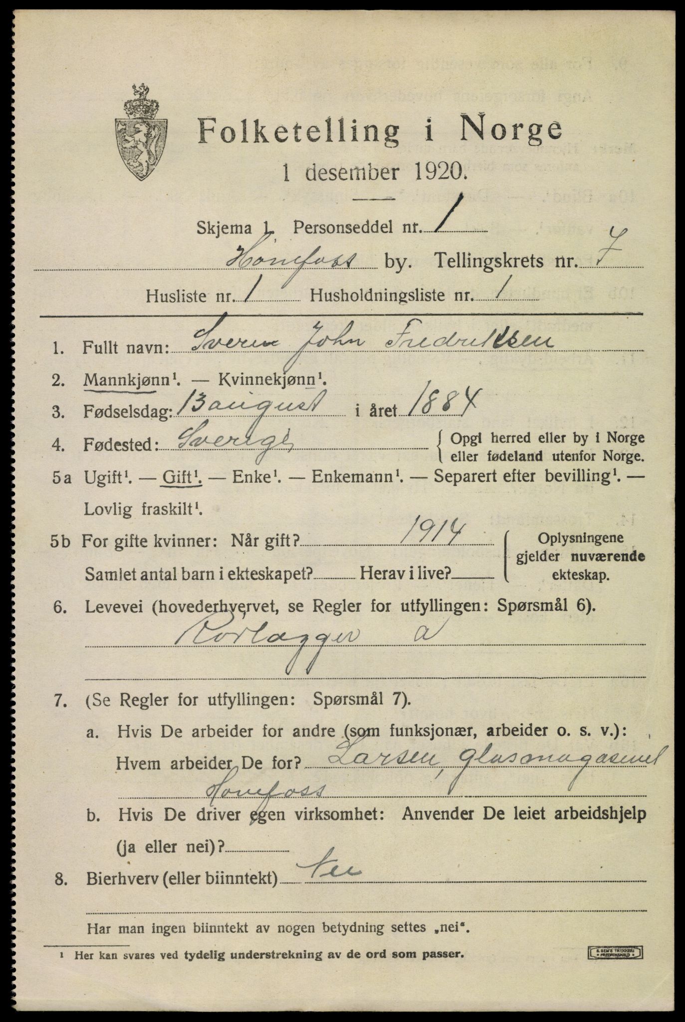 SAKO, 1920 census for Hønefoss, 1920, p. 7850