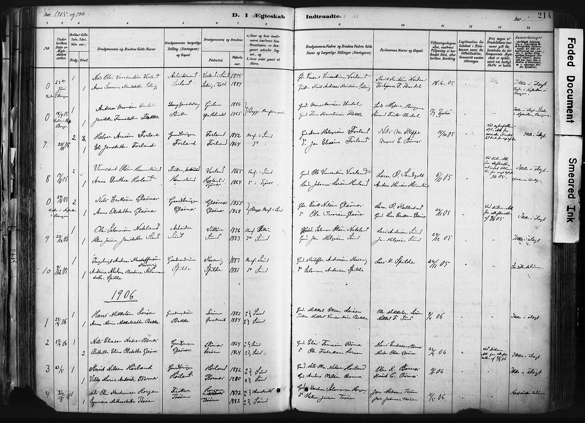 Sund sokneprestembete, AV/SAB-A-99930: Parish register (official) no. B 1, 1882-1907, p. 214