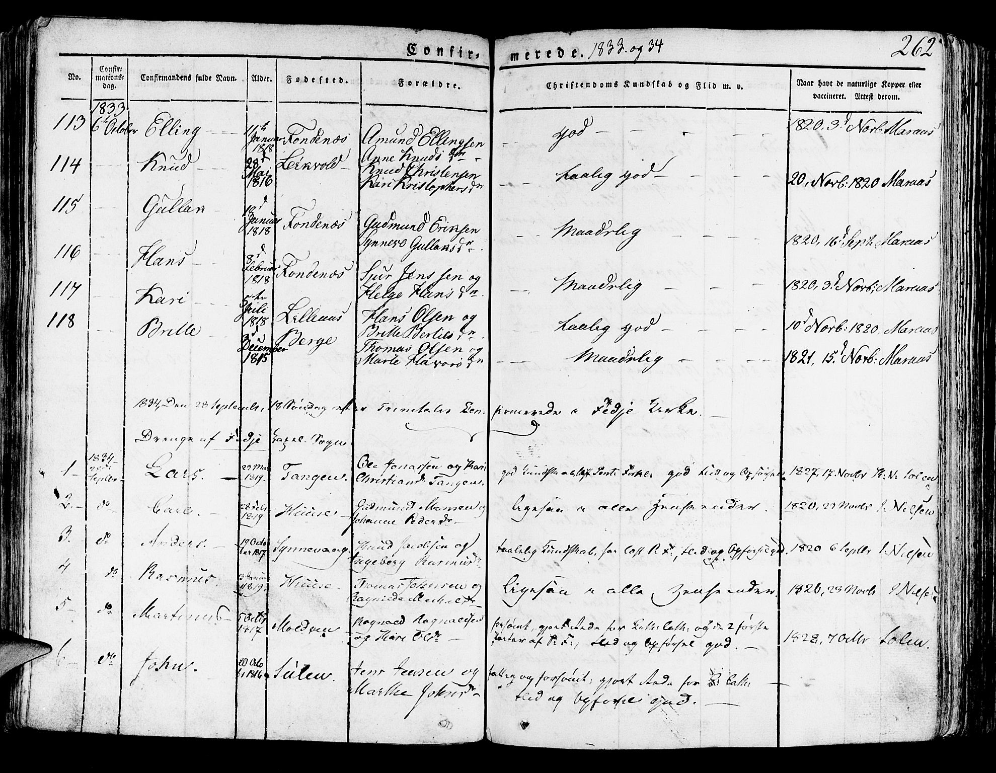 Lindås Sokneprestembete, SAB/A-76701/H/Haa: Parish register (official) no. A 8, 1823-1836, p. 262