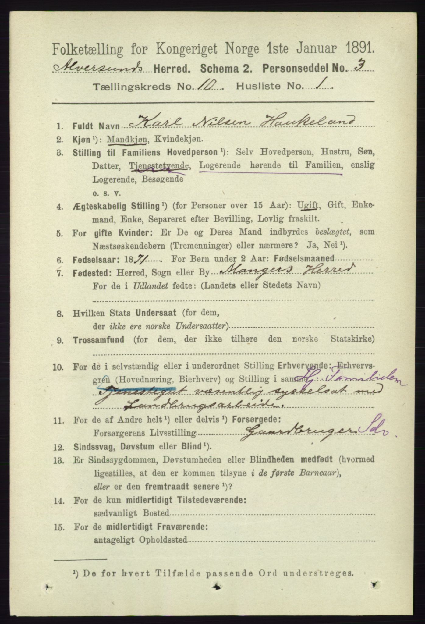 RA, 1891 census for 1257 Alversund, 1891, p. 3464