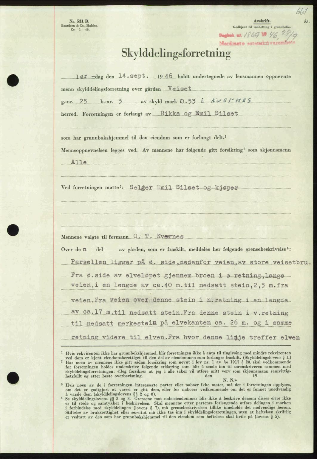 Nordmøre sorenskriveri, AV/SAT-A-4132/1/2/2Ca: Mortgage book no. A102, 1946-1946, Diary no: : 1869/1946