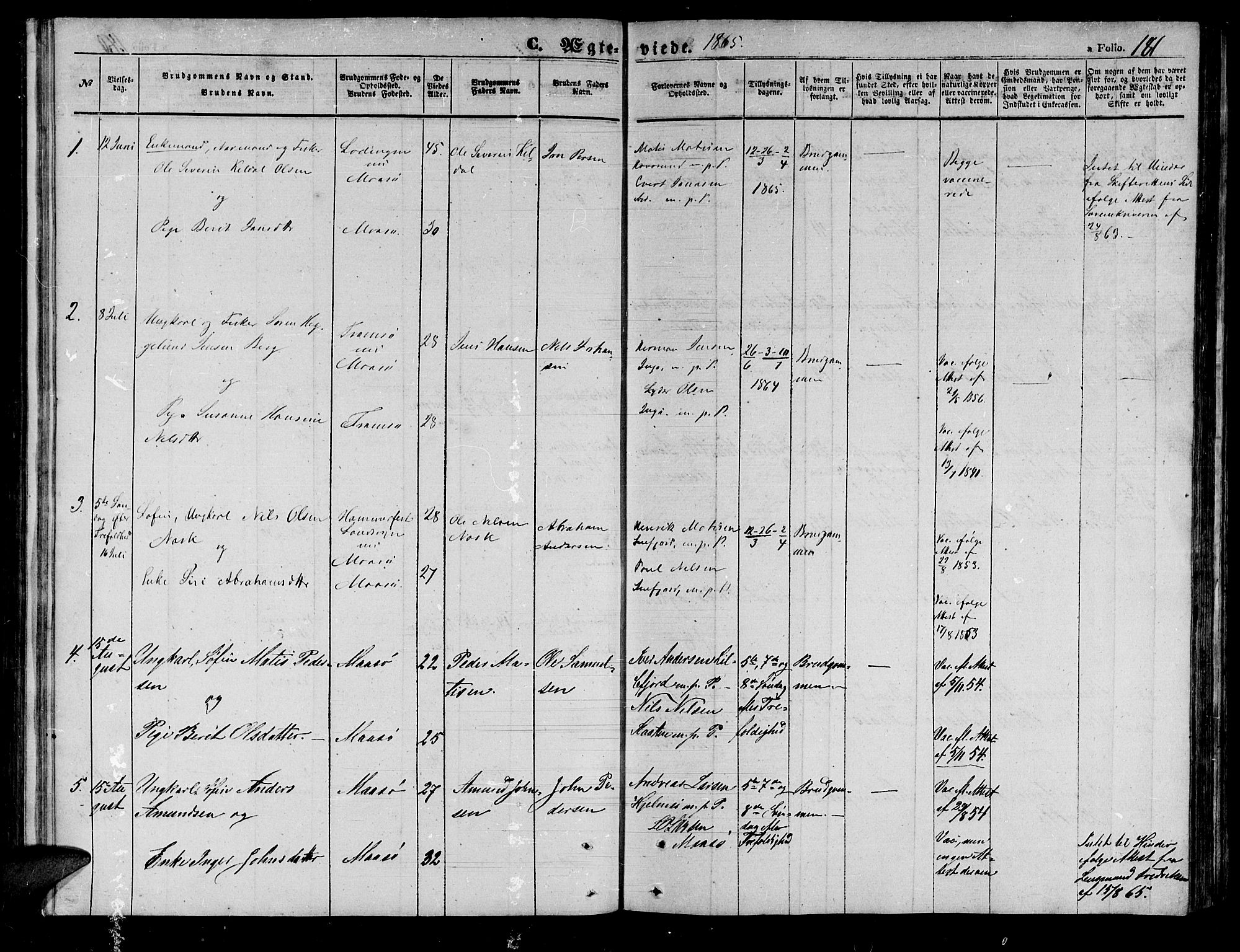 Måsøy sokneprestkontor, AV/SATØ-S-1348/H/Hb/L0001klokker: Parish register (copy) no. 1, 1852-1877, p. 181