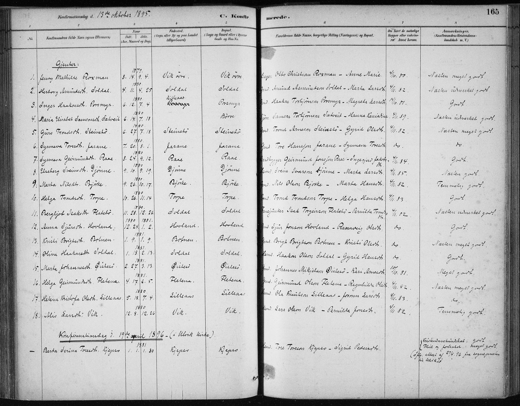 Kvam sokneprestembete, SAB/A-76201/H/Haa: Parish register (official) no. C  1, 1880-1906, p. 165