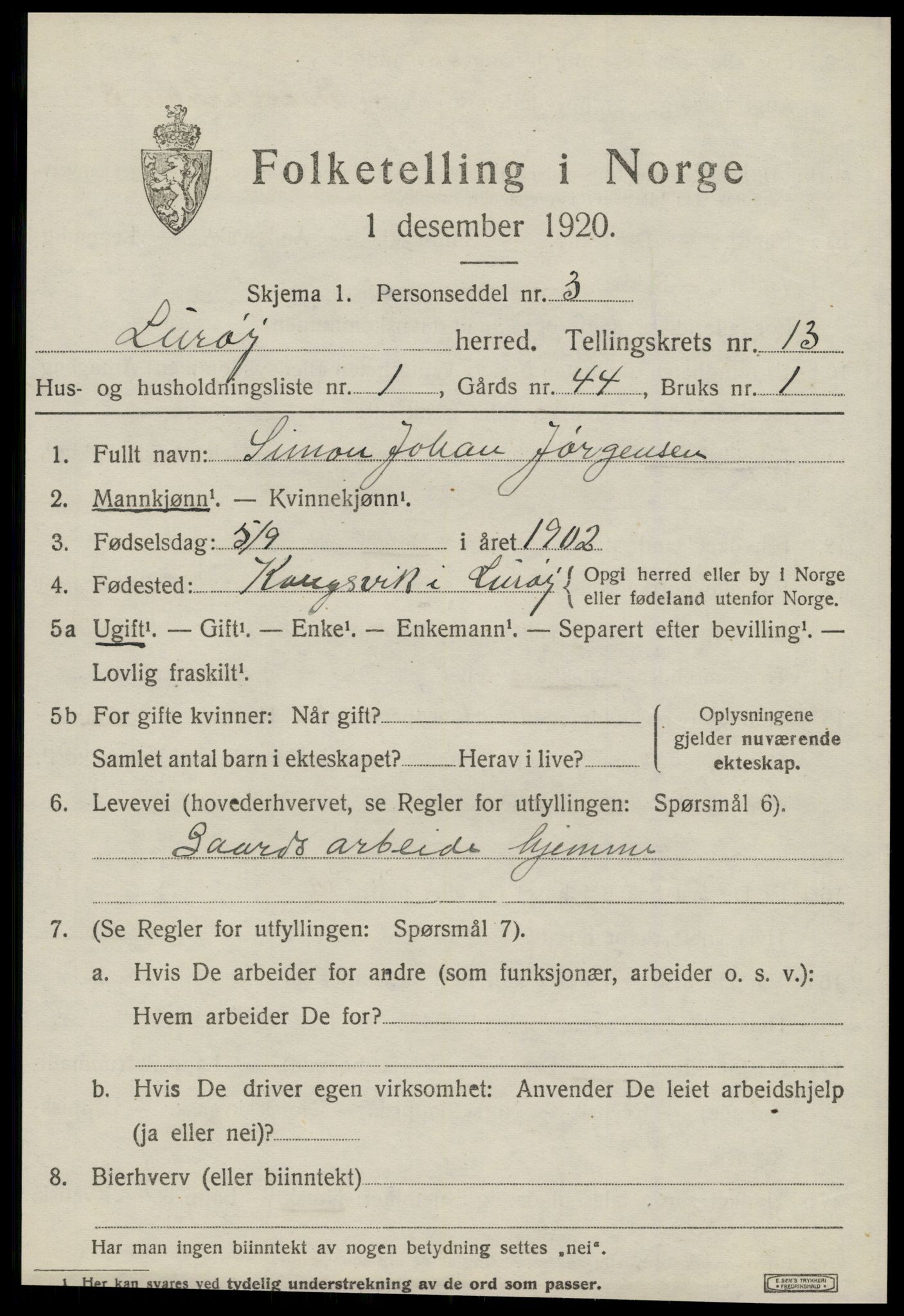 SAT, 1920 census for Lurøy, 1920, p. 5187