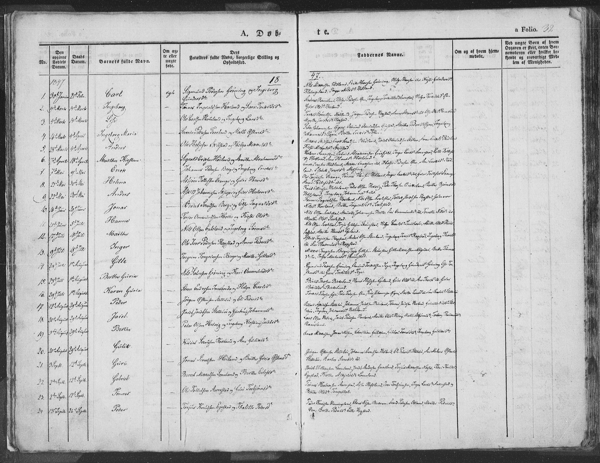 Helleland sokneprestkontor, SAST/A-101810: Parish register (official) no. A 6.1, 1834-1863, p. 32