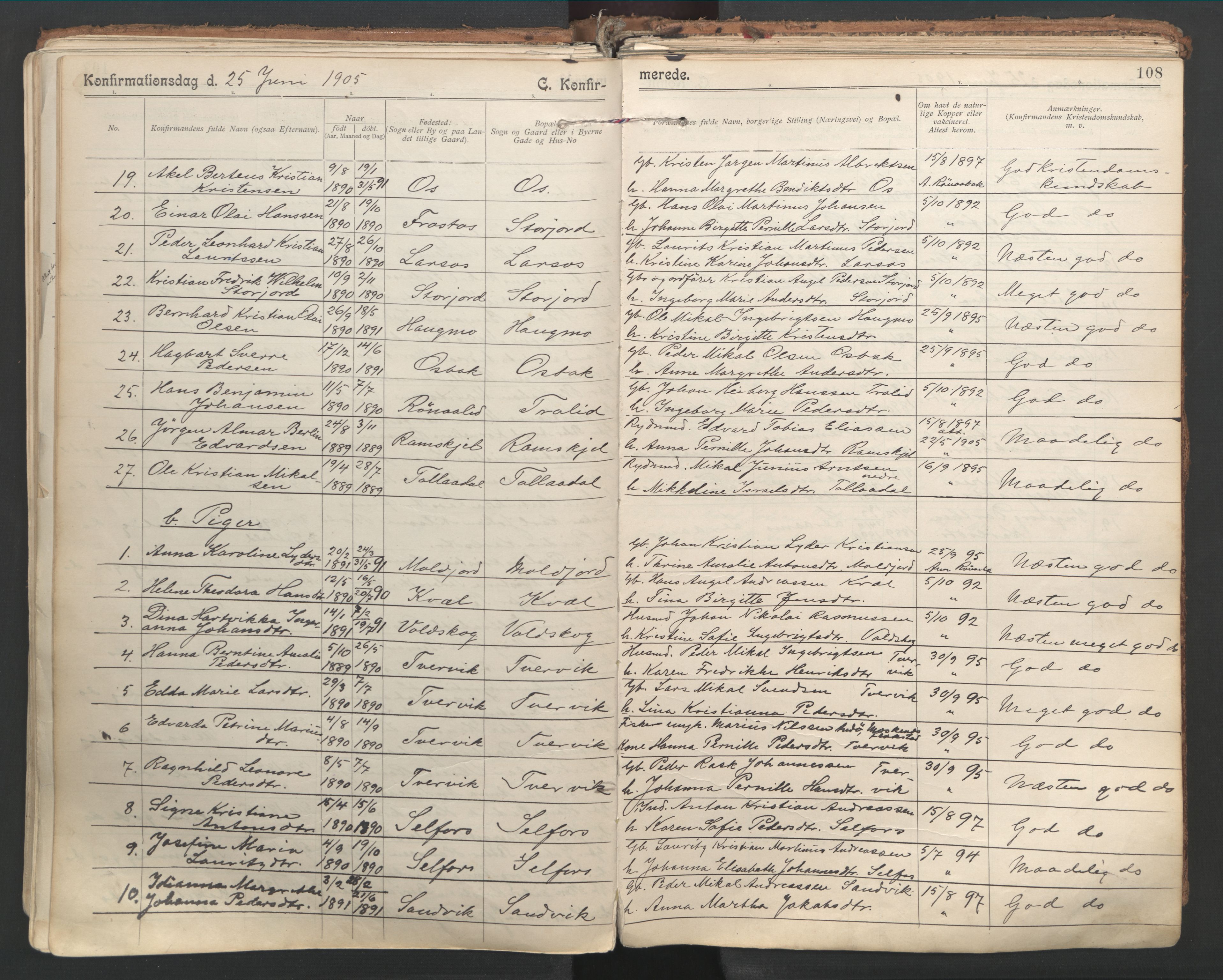Ministerialprotokoller, klokkerbøker og fødselsregistre - Nordland, SAT/A-1459/846/L0647: Parish register (official) no. 846A05, 1902-1915, p. 108