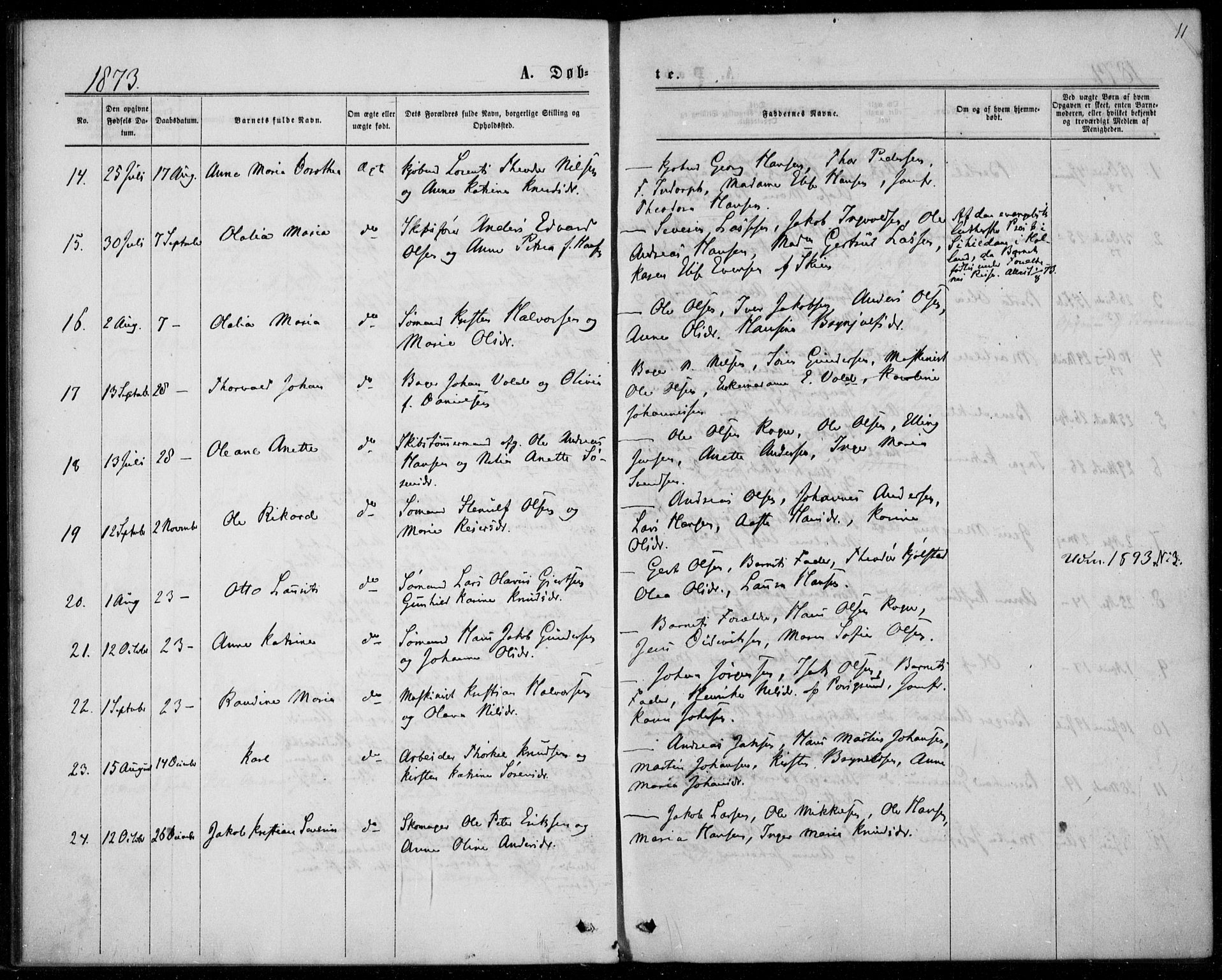 Langesund kirkebøker, SAKO/A-280/F/Fa/L0001: Parish register (official) no. 1, 1870-1877, p. 11