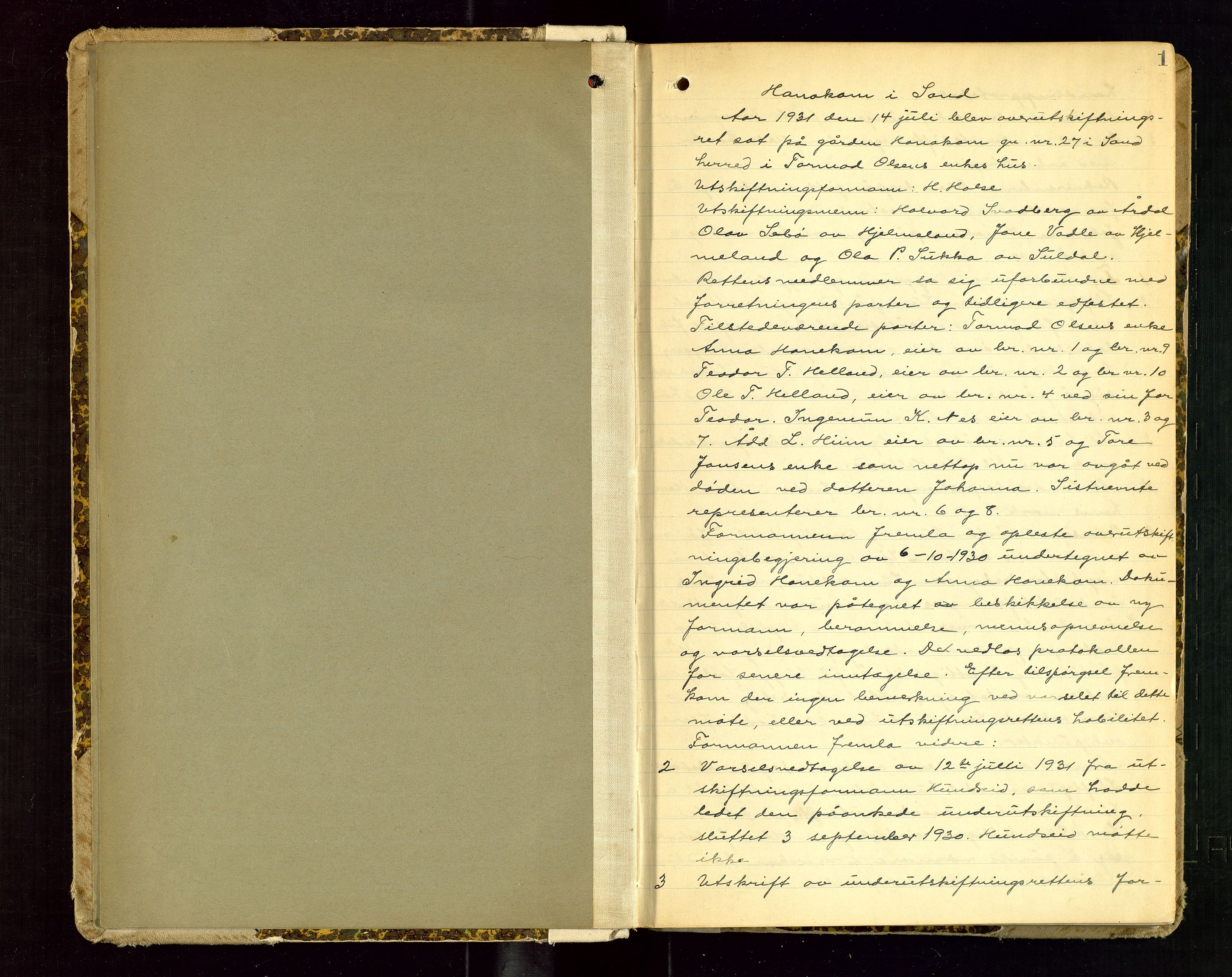 Rogaland jordskifterett, AV/SAST-A-102426/Oa/L0115: Forhandlingsprotokoll, 1931-1964, p. 1