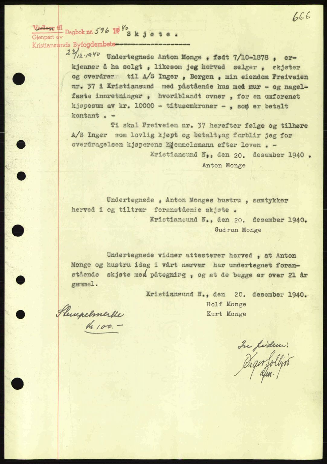 Kristiansund byfogd, AV/SAT-A-4587/A/27: Mortgage book no. 30, 1936-1941, Diary no: : 596/1940